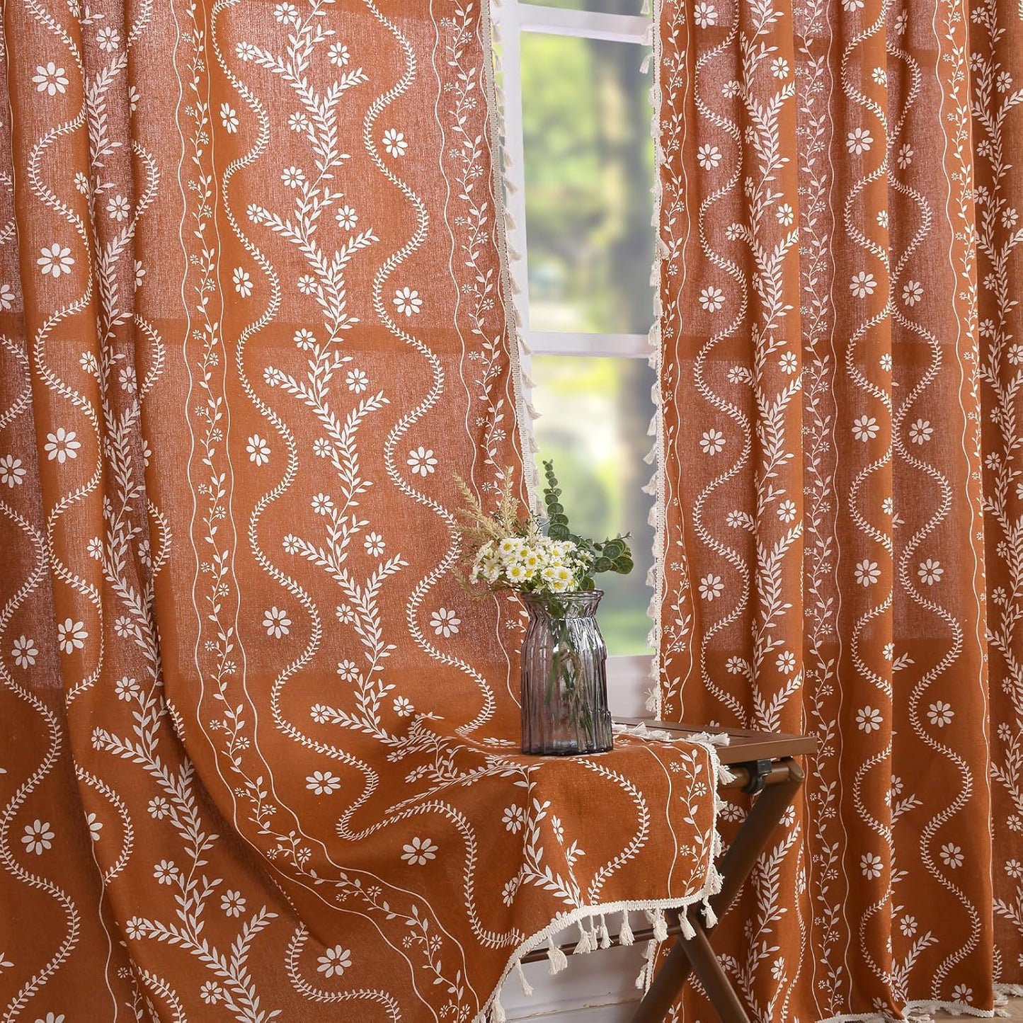 Rust Orange Boho Curtains for Living Room - 96 Inch Linen Drapes