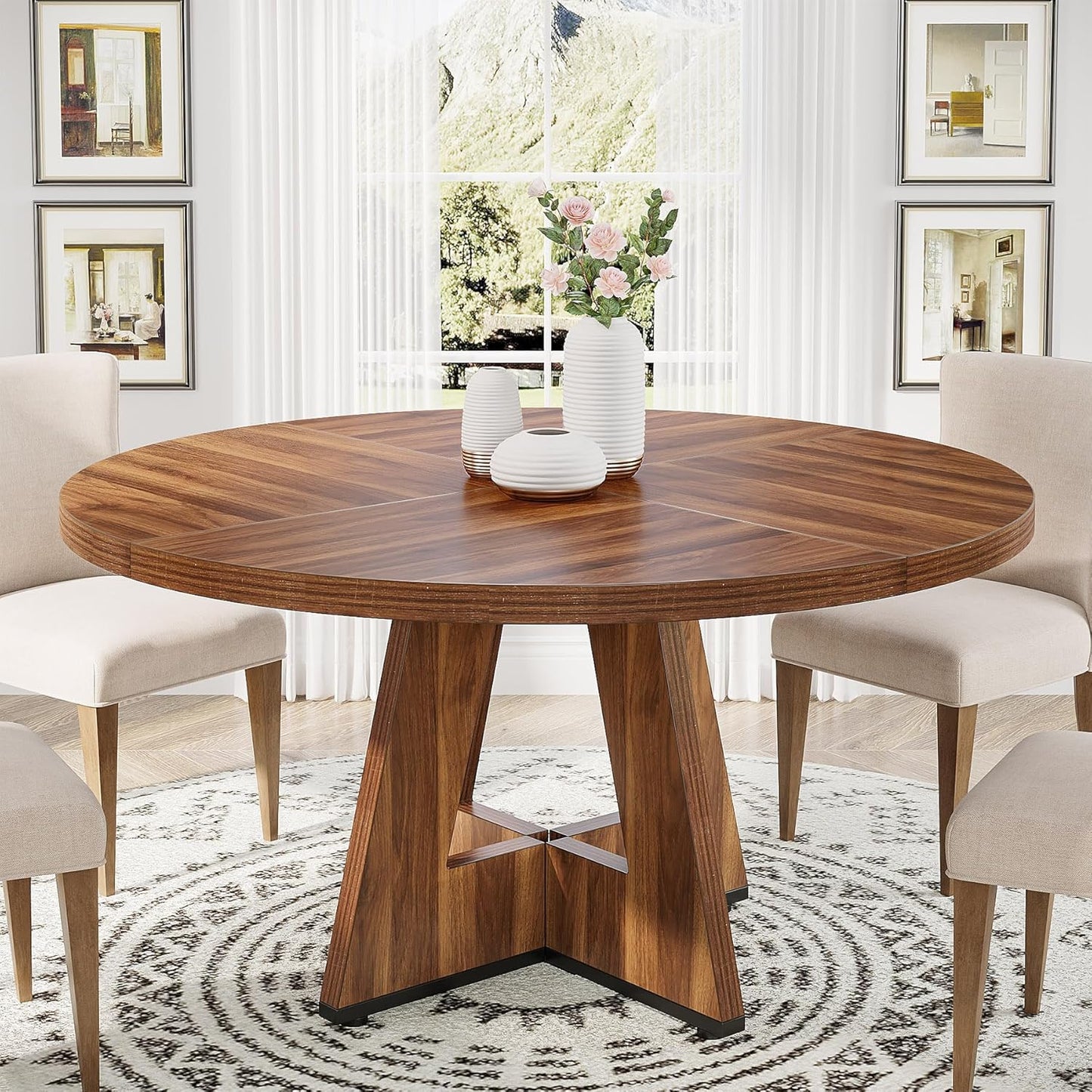 Tribesigns Round Dining Table for 4 Adults, Rustic Brown Style