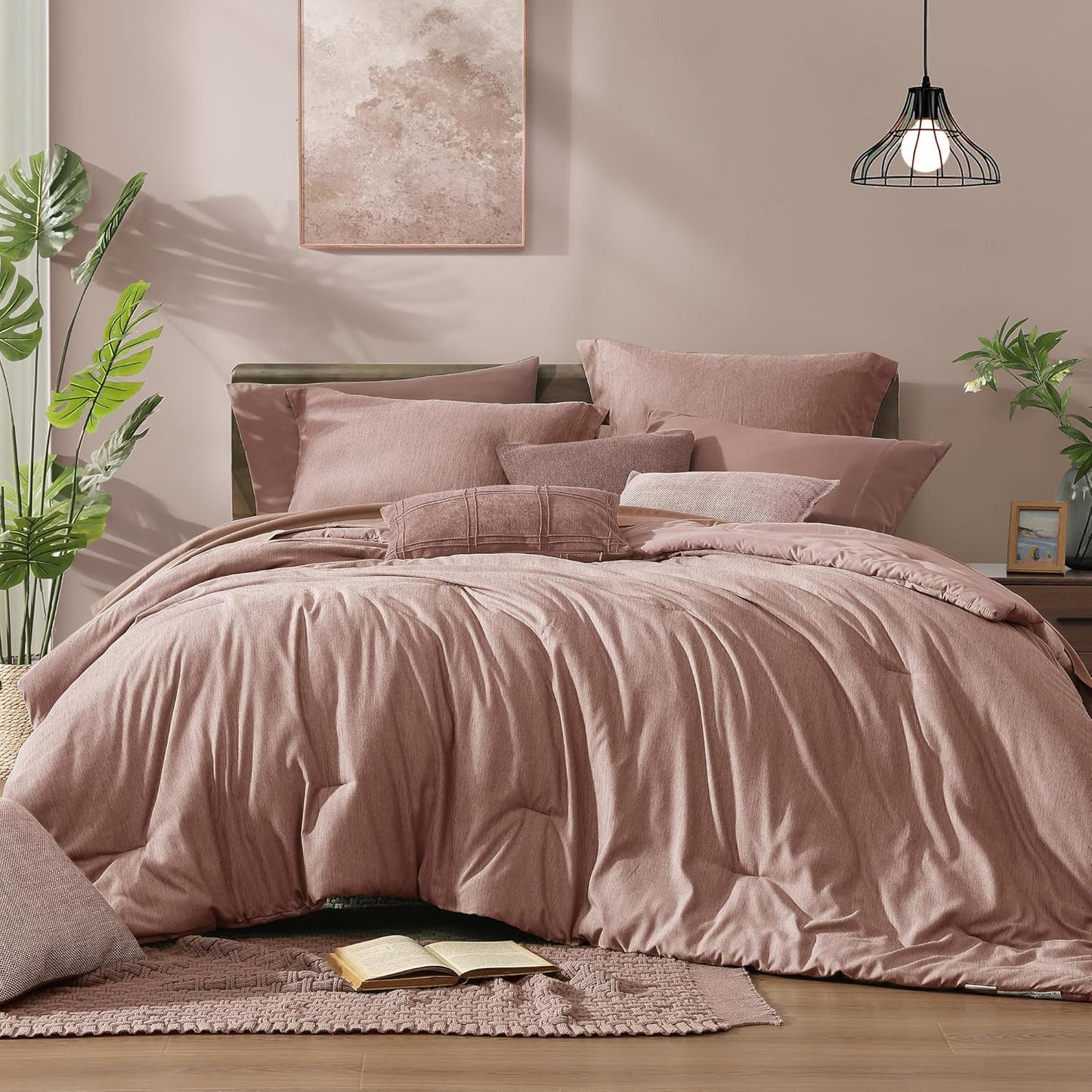 Monbix Queen Comforter Set - 7 Pieces Dusty Pink Bedding