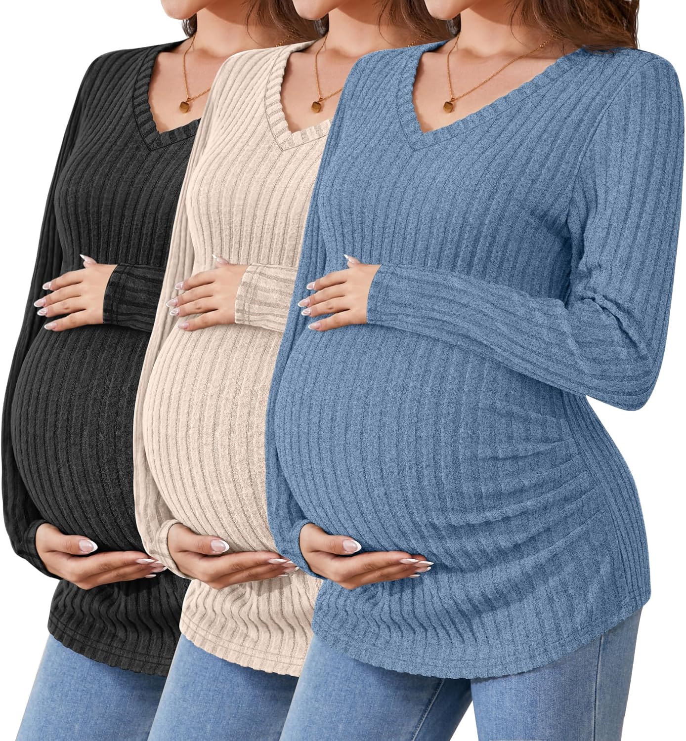 Ribbed Long Sleeve Maternity Shirts 3 Pack for Expecting Moms