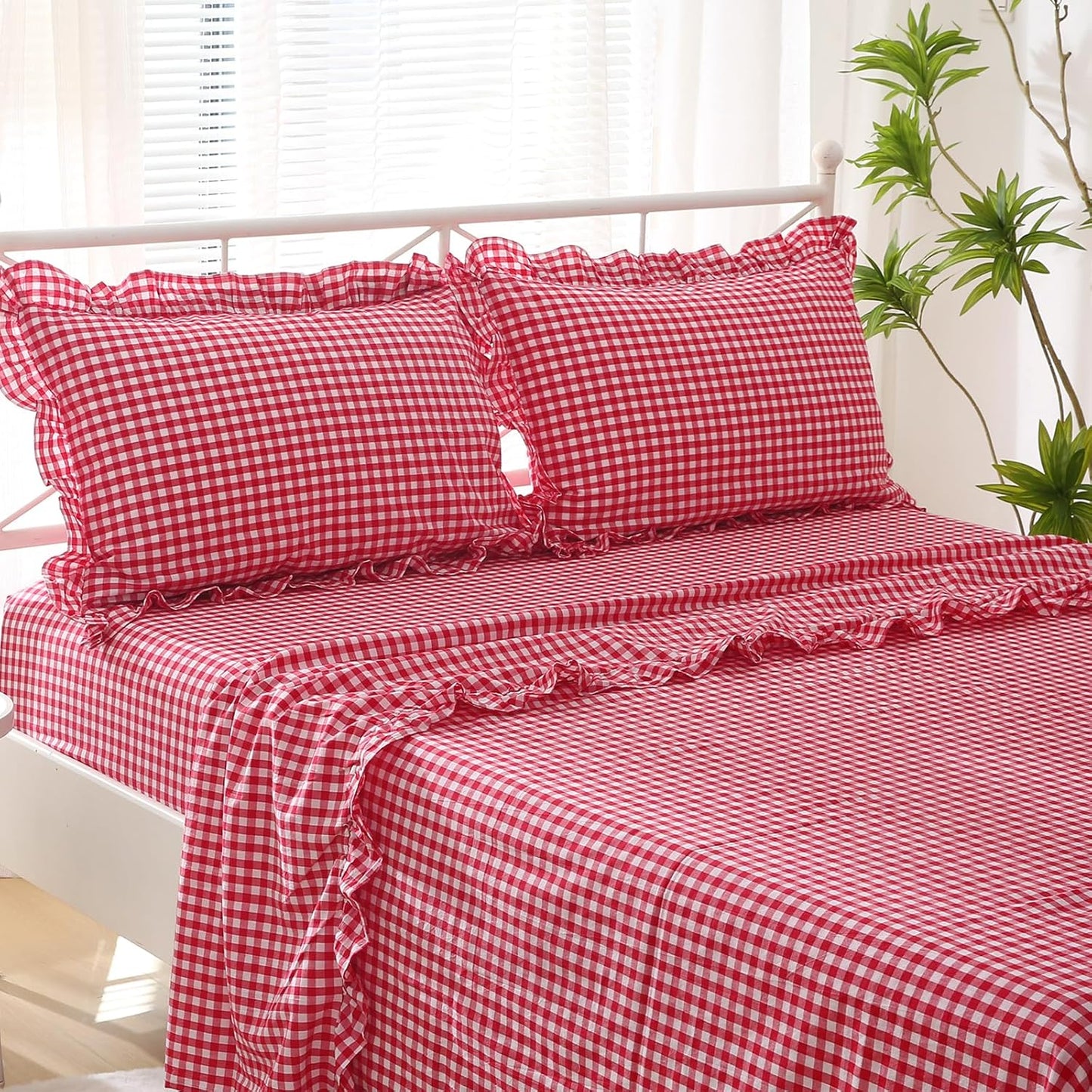 Red White Plaid Ruffle Sheets King Size 4-Piece Set for Comfort