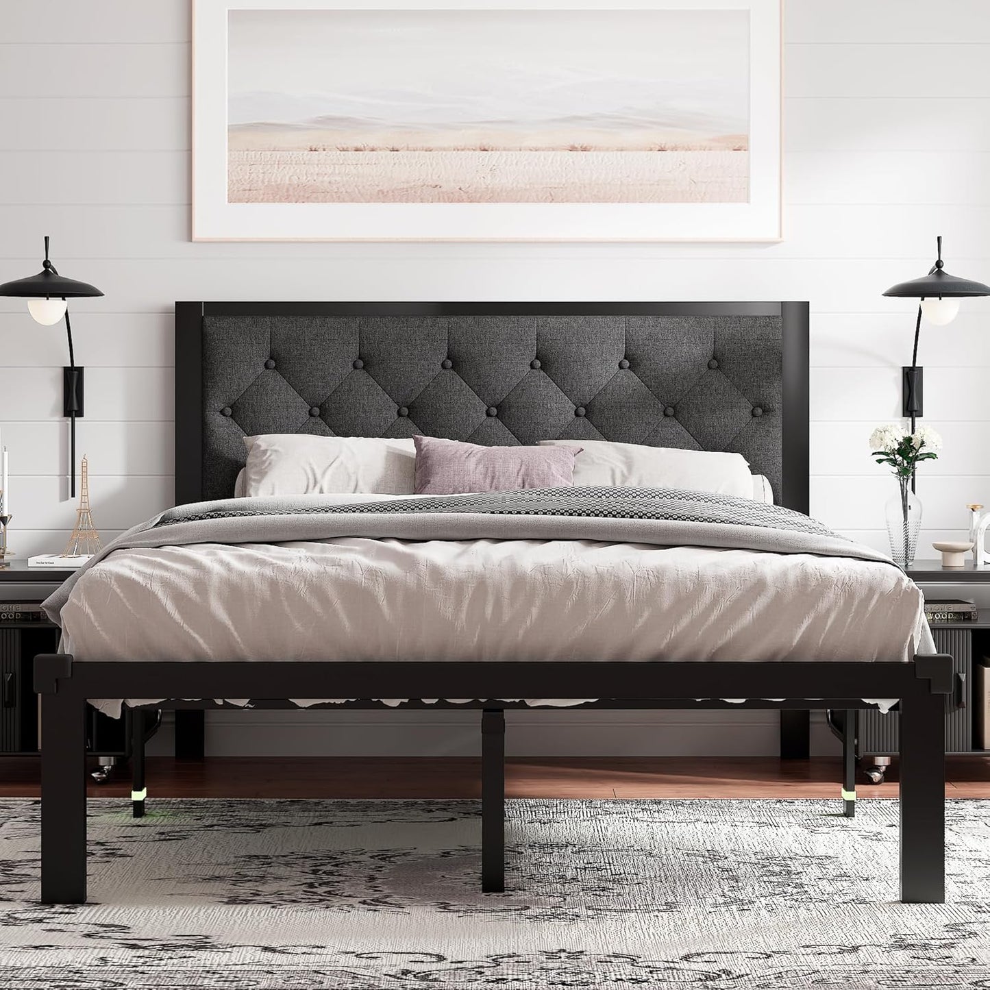 Feonase Queen Size Metal Bed Frame with Upholstered Headboard