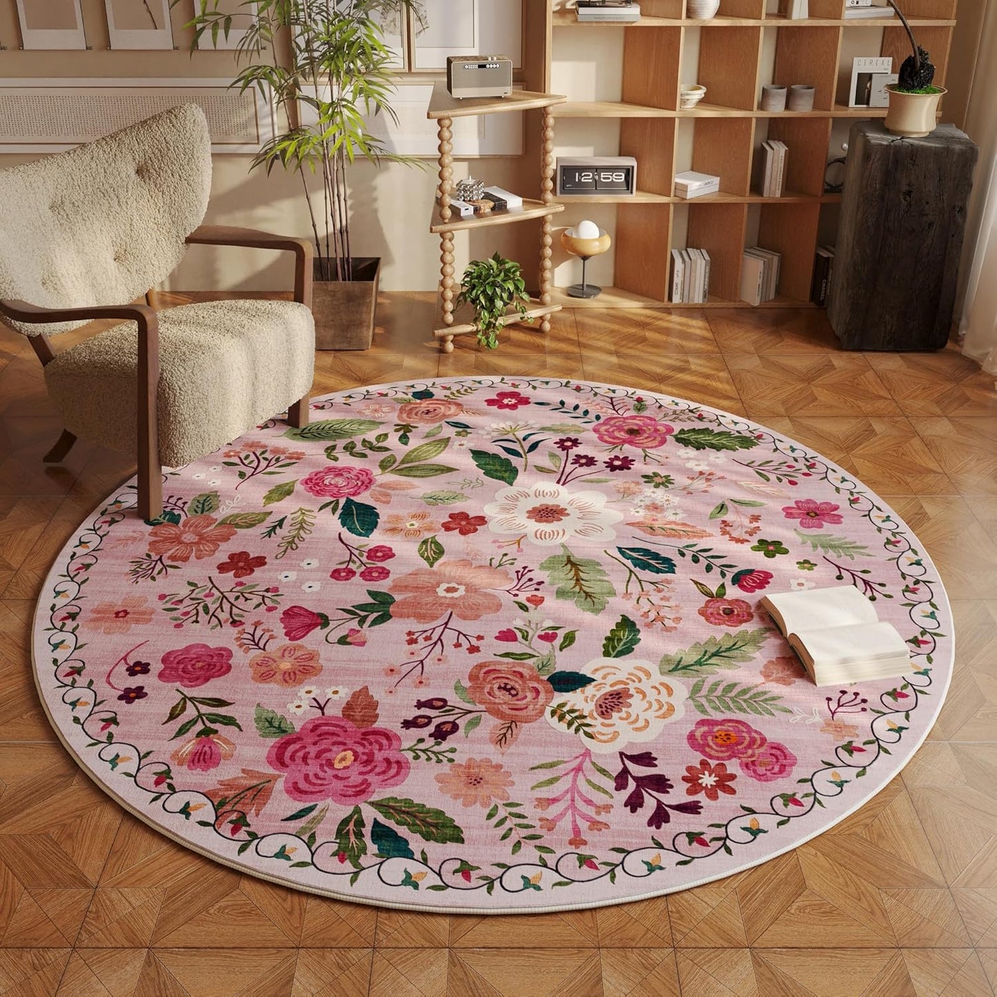 Round Washable Boho Floral Rug for Bedroom and Kids Room