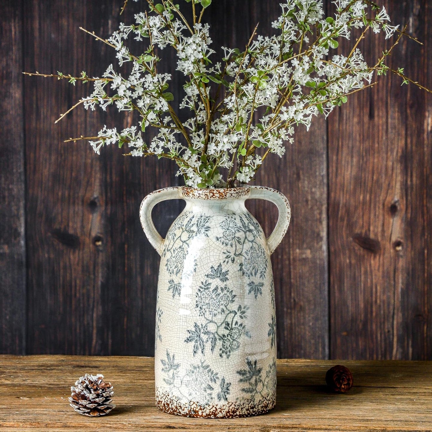 Enra Tall Vintage Blue and White Ceramic Vase for Home Decor