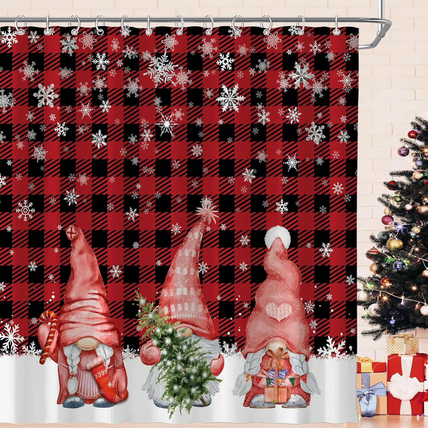 Festive Xmas Gnomes Shower Curtain - Waterproof Polyester 72x72
