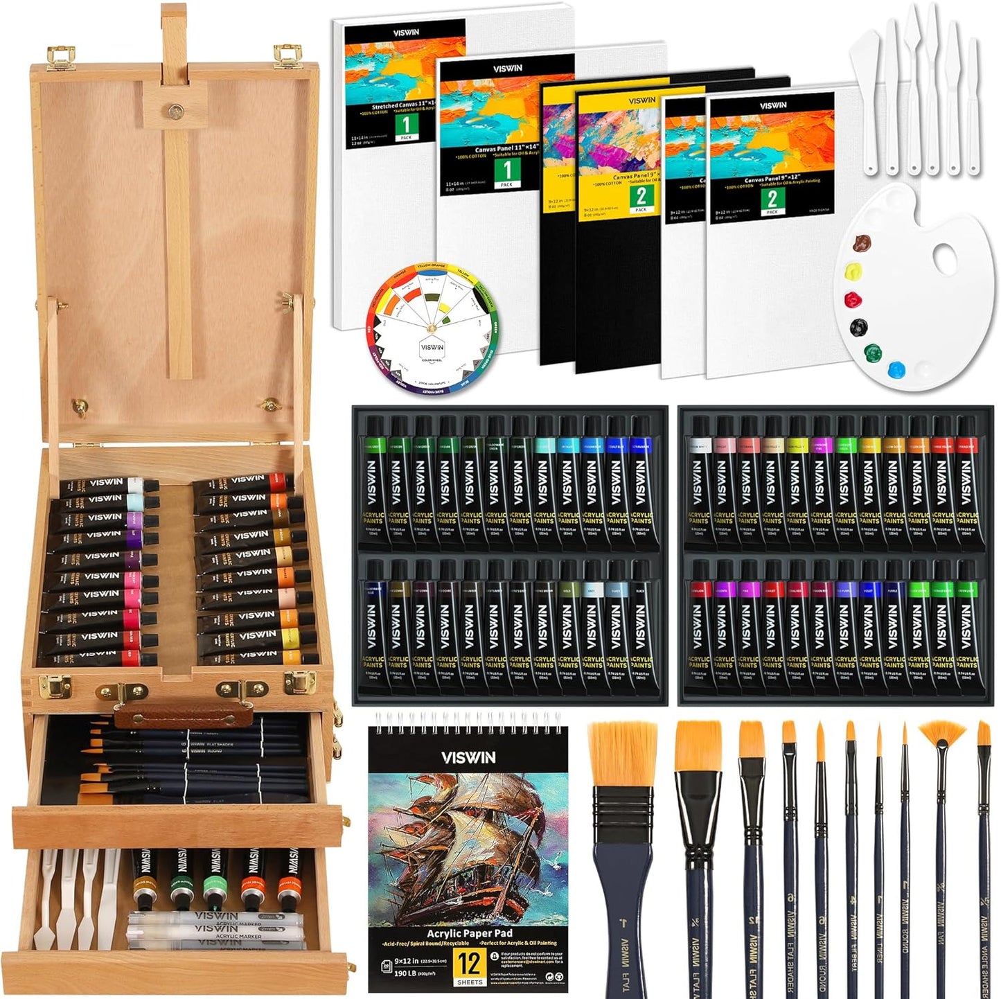 VISWIN Deluxe Acrylic Paint Kit with Easel Box for Artists
