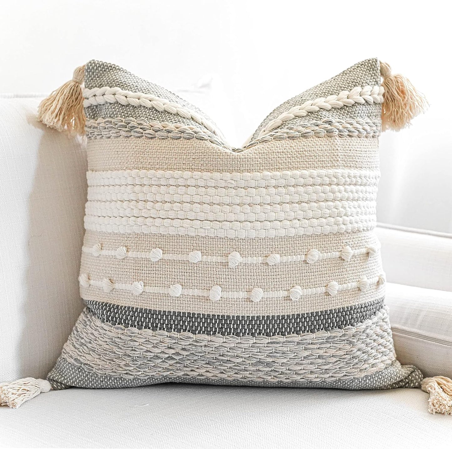 Gray Boho Throw Pillow Cover 22x22 for Modern Farmhouse Style