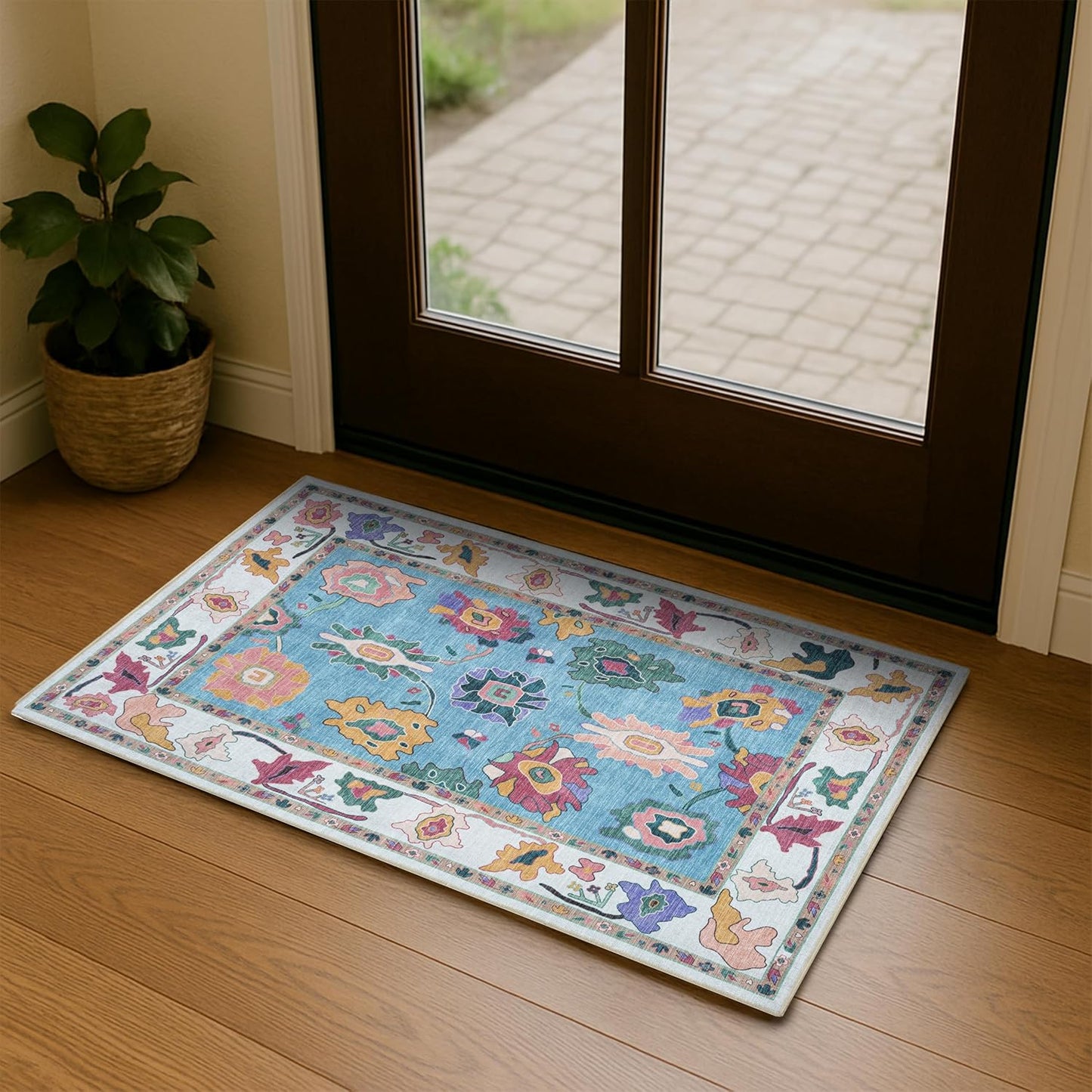 Colorful Oushak Rug for Indoor Entrance, Kitchen, and More