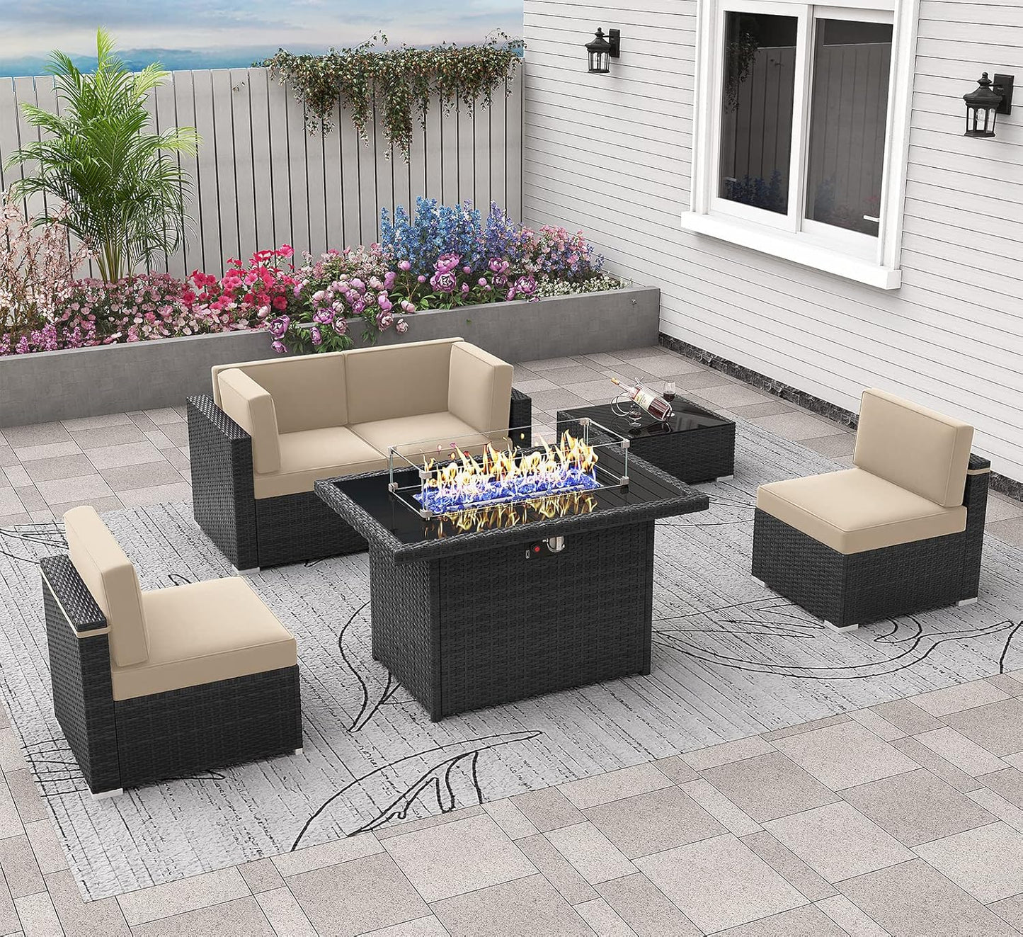 6 Pieces Patio Furniture Set with 44in Fire Pit Table for Outdoors