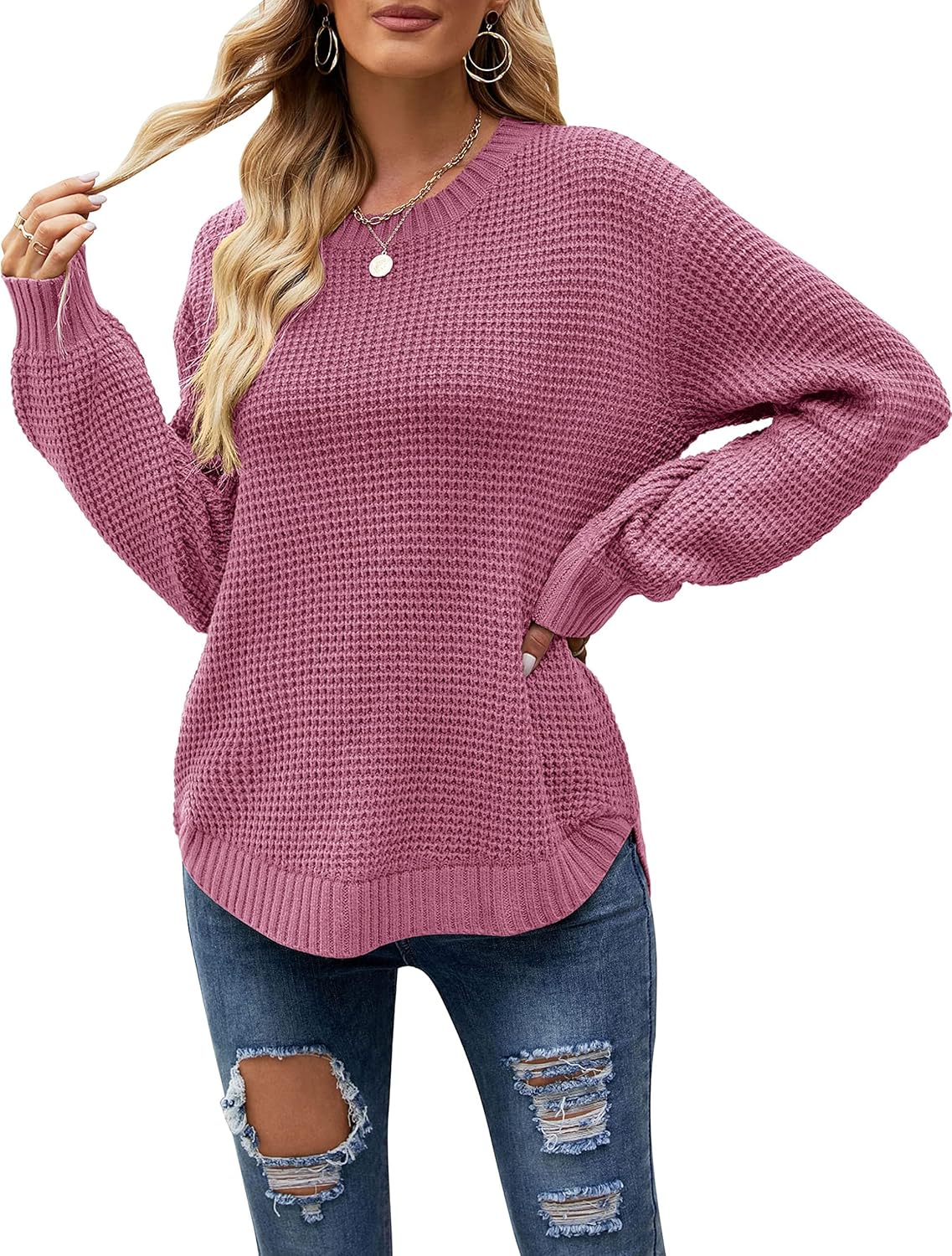 Waffle Knit Pullover Tops for Women - Casual Fall Sweater