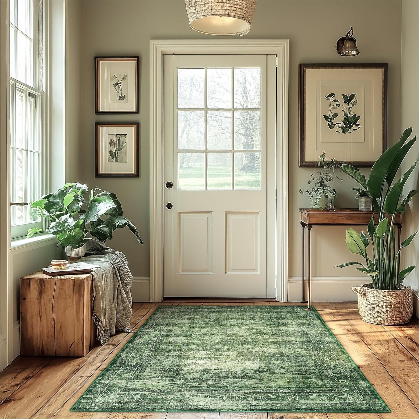 4x6 ft Area Rug Green Boho Indoor Rug for Living Spaces