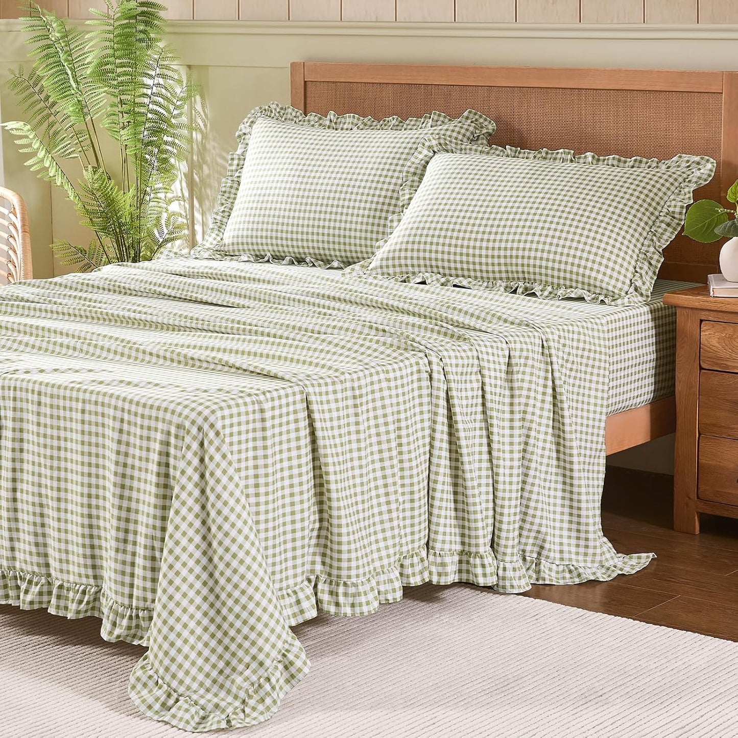 Gingham King Sheet Set for Farmhouse Bedroom Decor in Sage Green