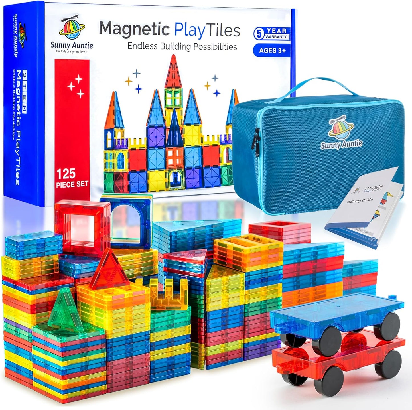 Magnetic Tiles 125 PCS Set with Bonus Case for Kids Aged 3-8