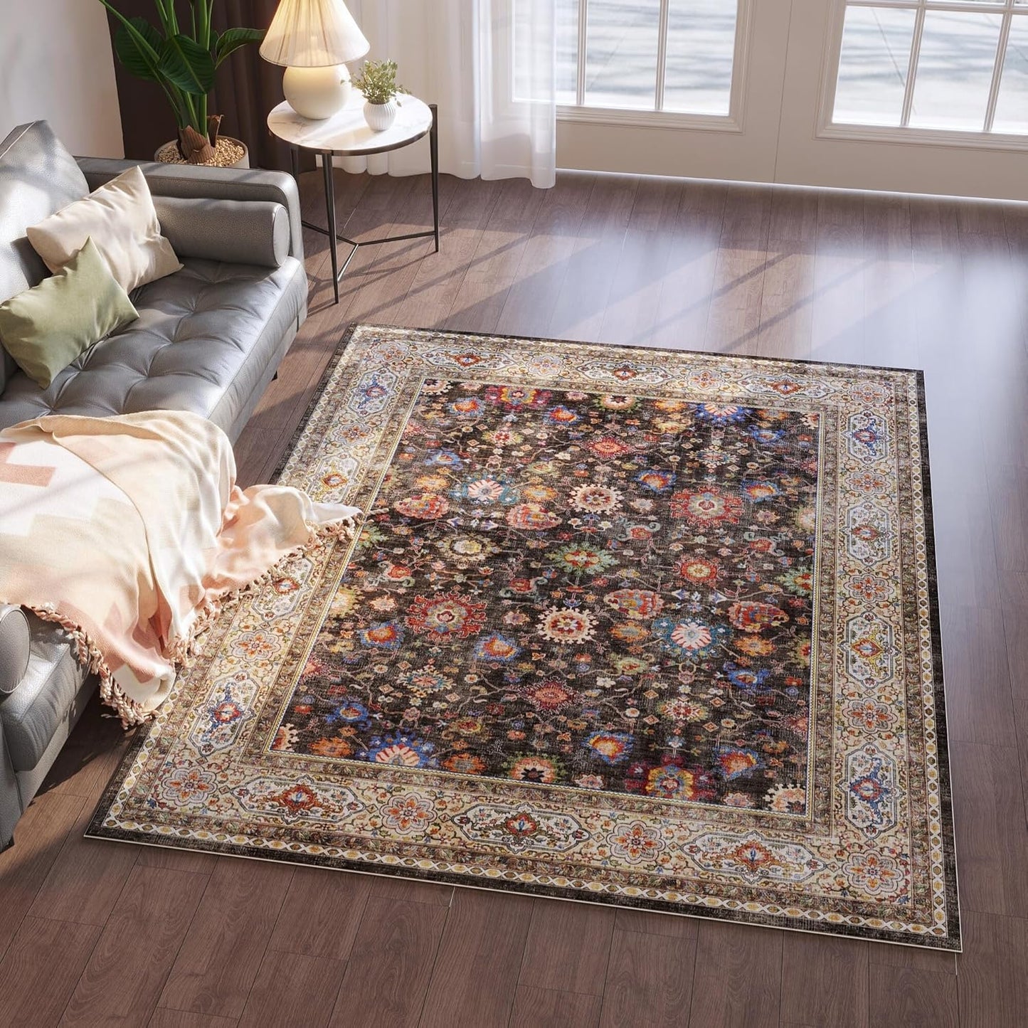 Area Rug 4x6 Washable Boho Non Slip Low Pile Carpet for Home