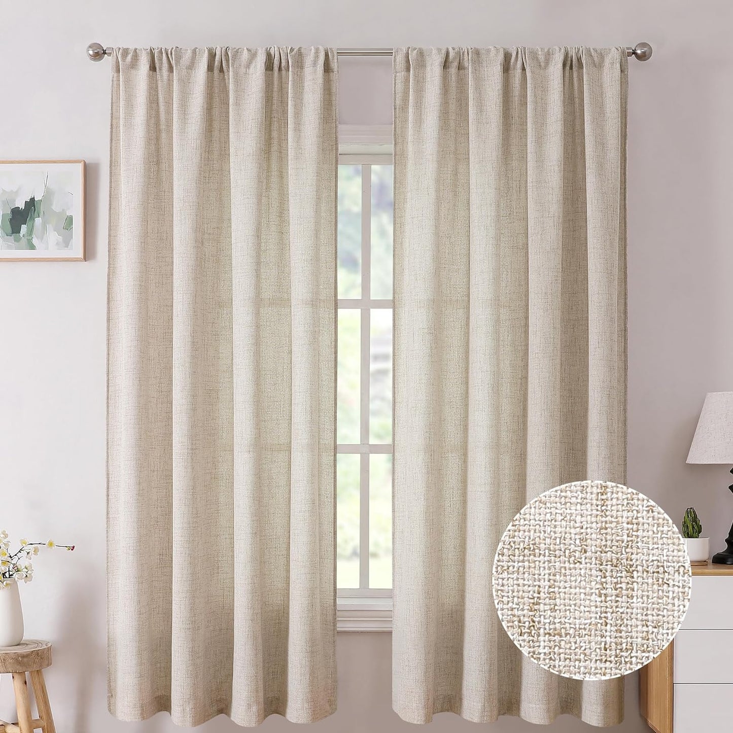 Tollpiz Semi Sheer Linen Curtains - Natural, 38x45 inches, Set of 2 Panels