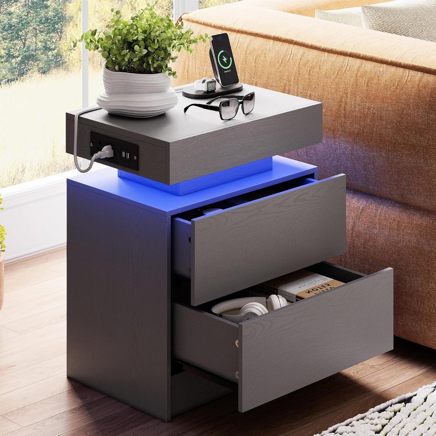 LIKIMIO Night Stand with Charging Station and LED Light