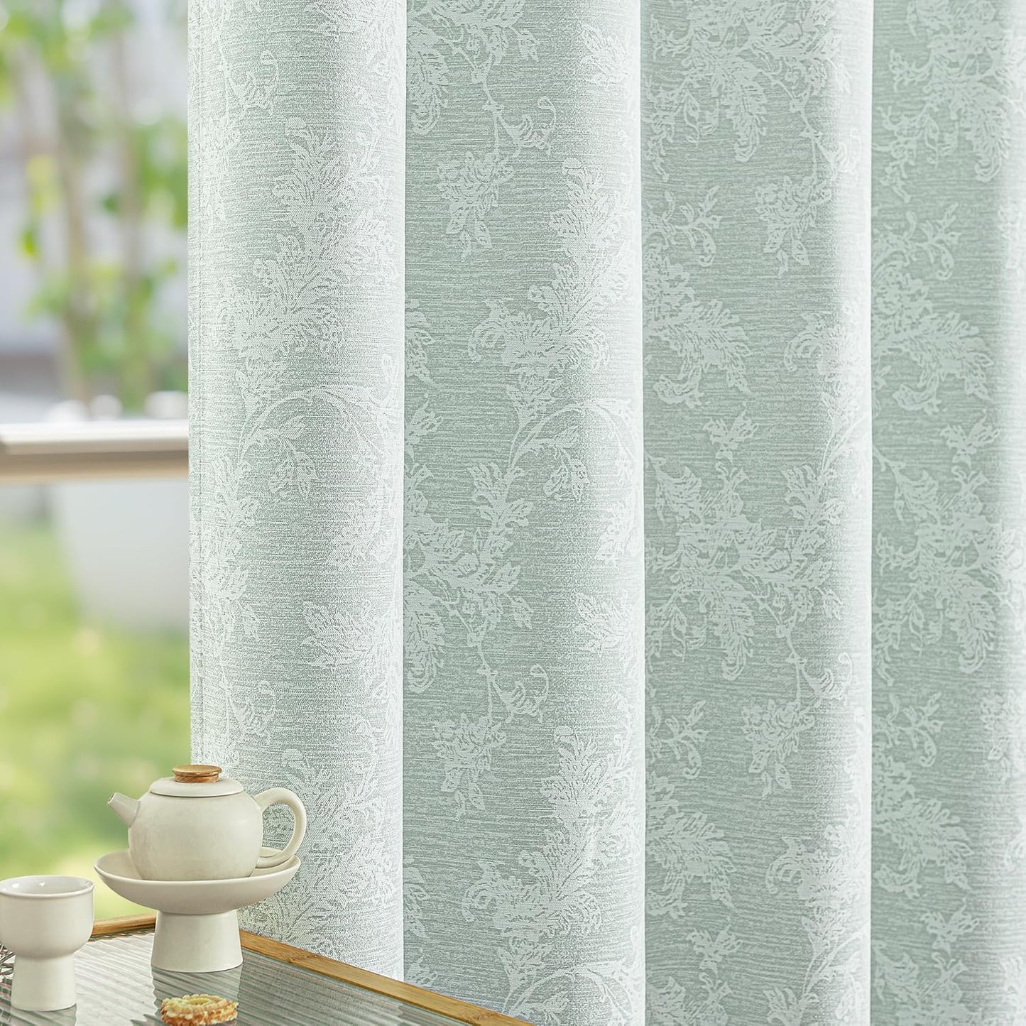 FMFUNCTEX Sage Green Floral Jacquard Blackout Curtains 90 in