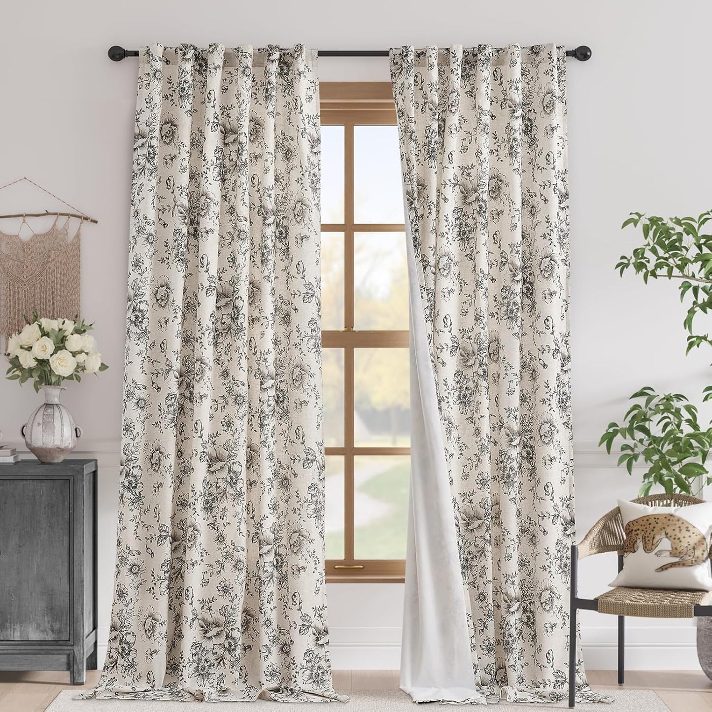 Floral Blackout Linen Blend Curtains for Elegant Home Decor