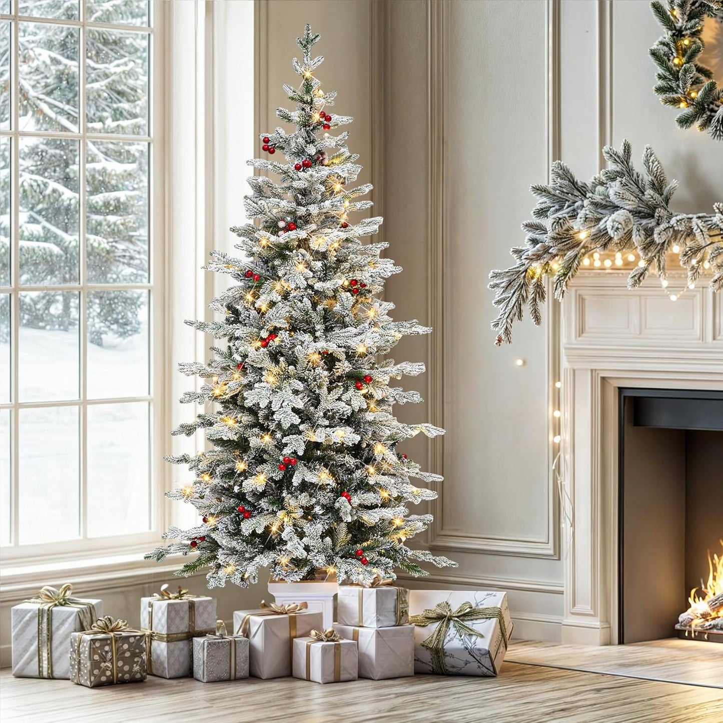 YITAHOME Potted Pre-Lit Flocked Arctic Fir Pencil Tree for Holidays