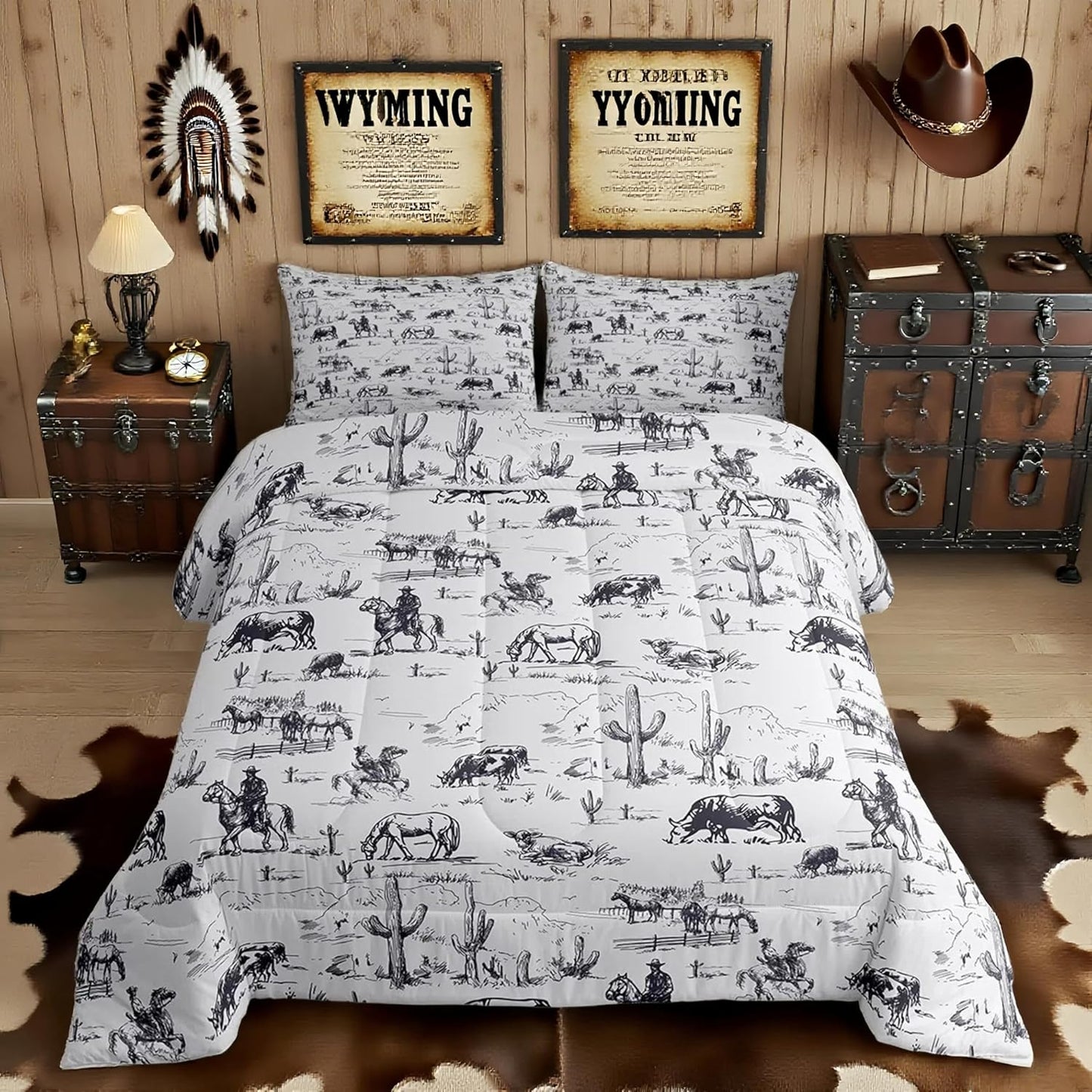 Western Comforter Set King Size with Cowboy Design and Cactus