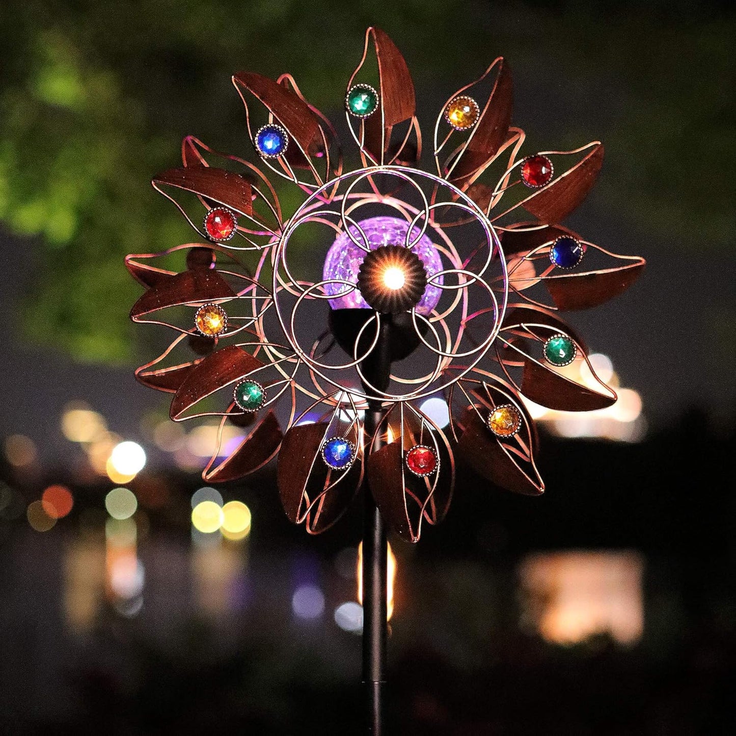 Solar Wind Spinner with Multi-Color LED Lighting for Gardens