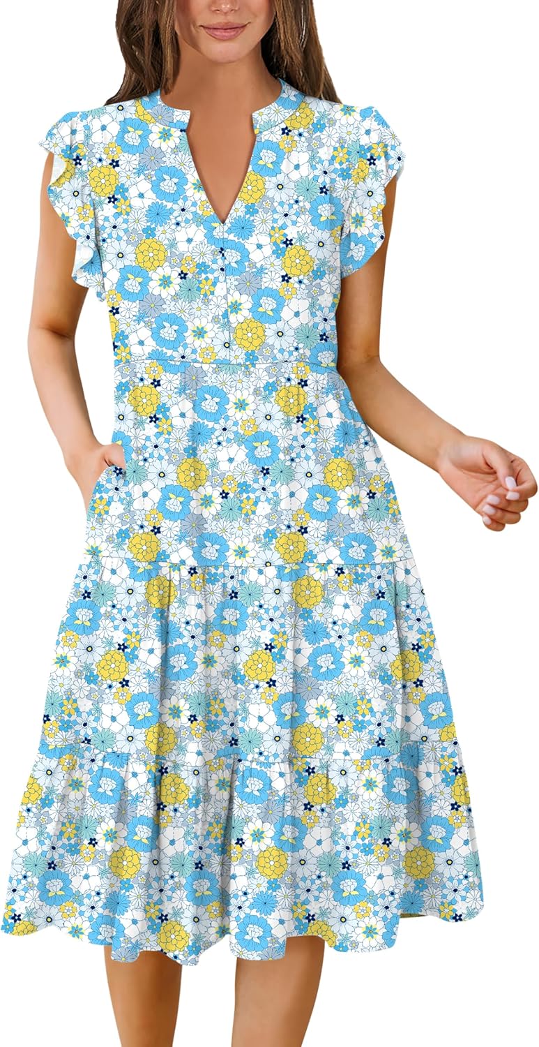 Womens Summer Dress Ruffle Sleeve V Neck Midi Dresses Casual