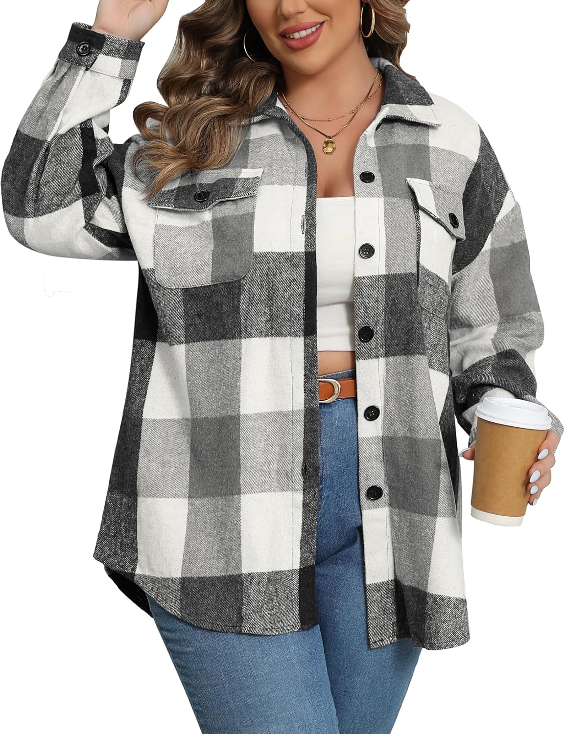 Plus Size Flannel Plaid Shacket for Women - Stylish and Cozy