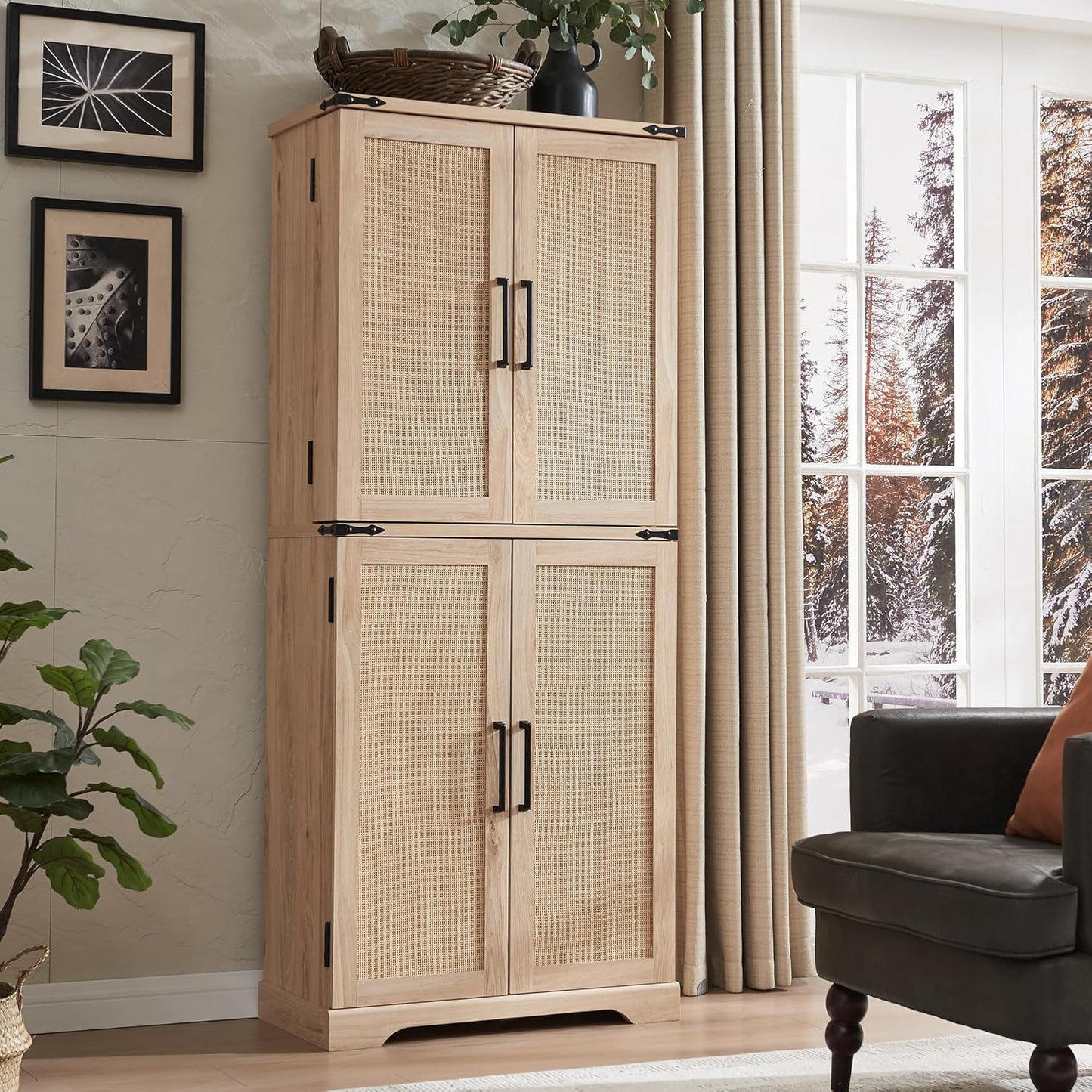 72 Tall Kitchen Pantry with Natural Rattan Doors for Storage