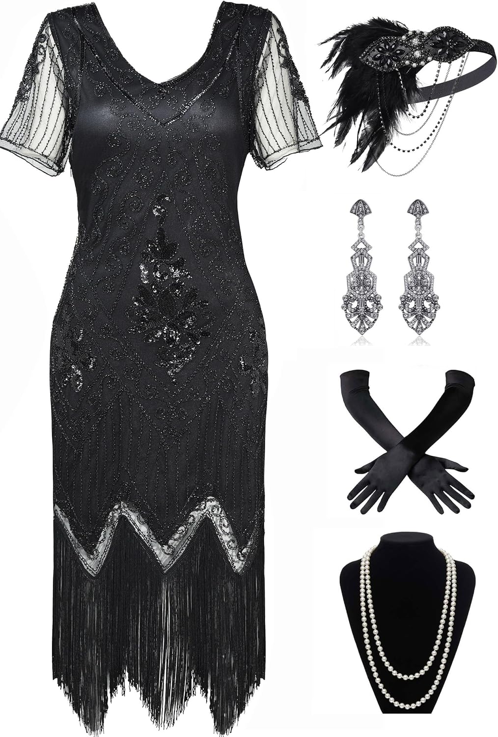 1920s Art Deco Fringed Sequin Dress Set for Flapper Style