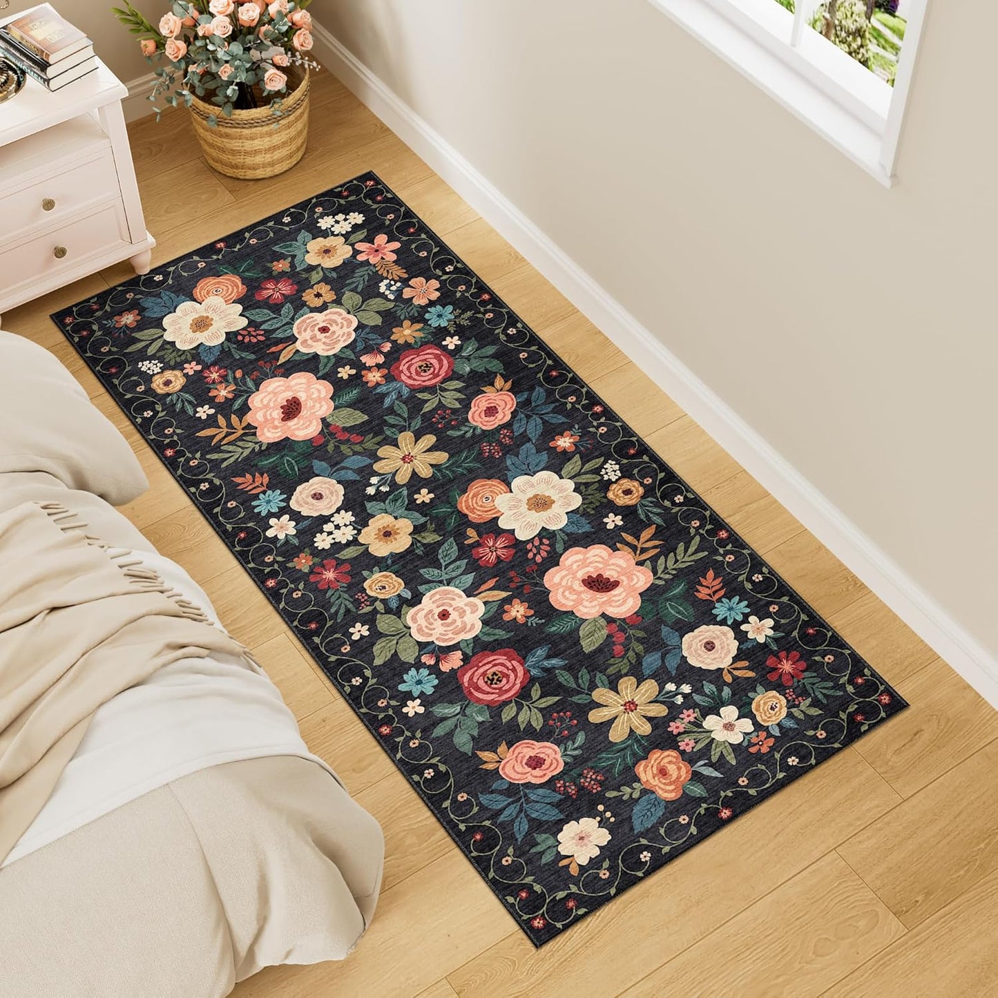 DUKINO 2x5 Runner Rug for Hallway - Washable Floral Design