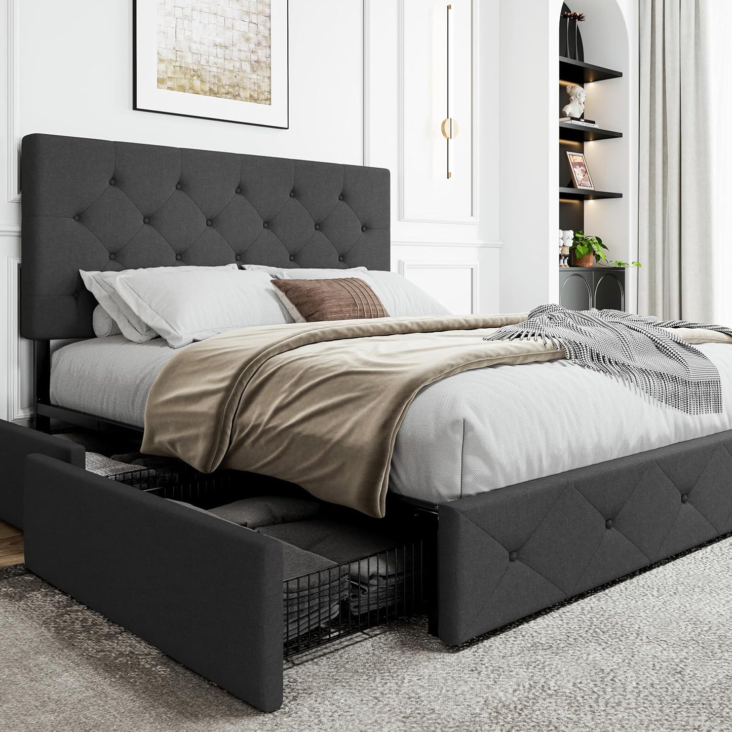 SHA CERLIN Upholstered Queen Size Platform Bed Frame with Storage