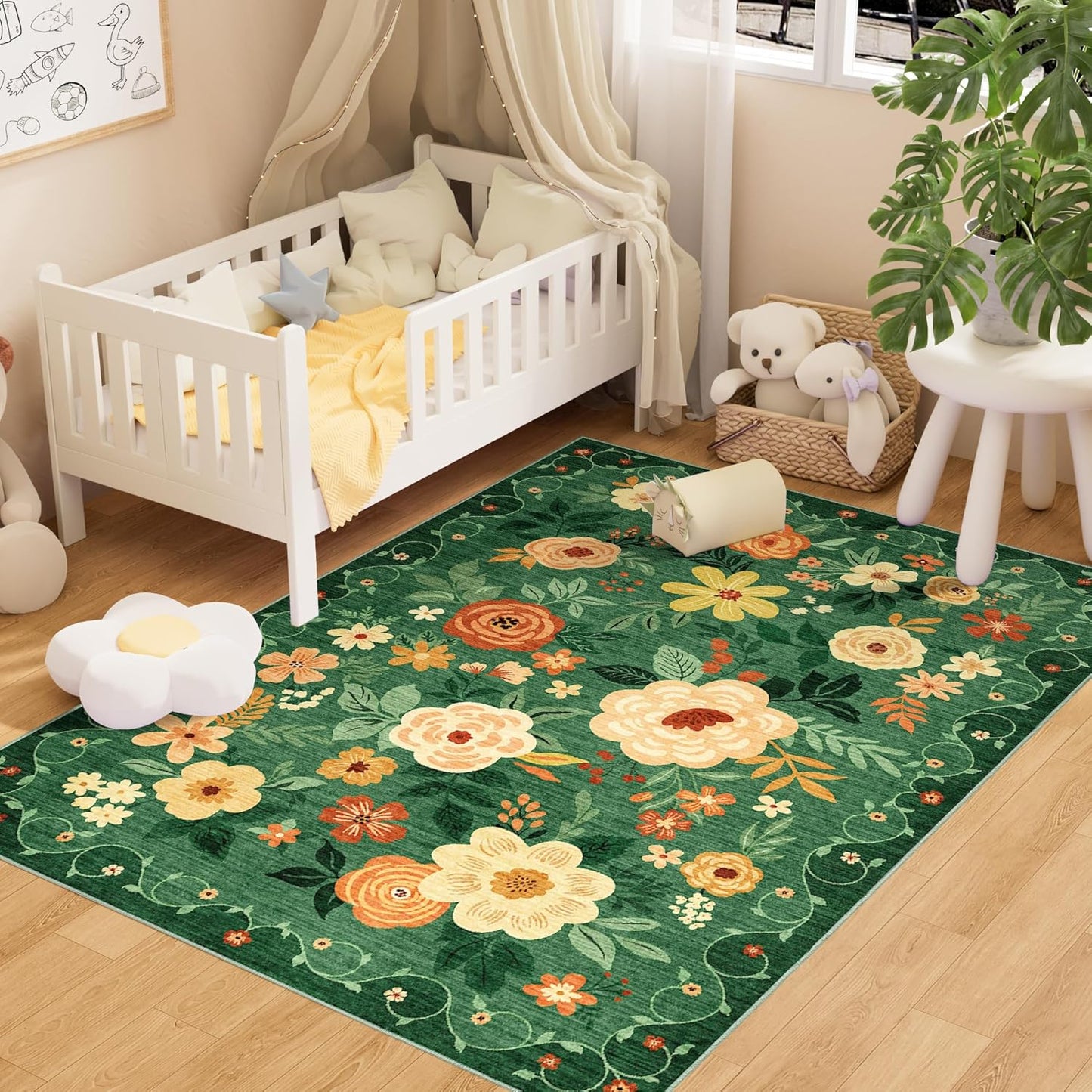 DUKINO 4x6 Area Rug - Lightweight Non Slip Washable Floral Design