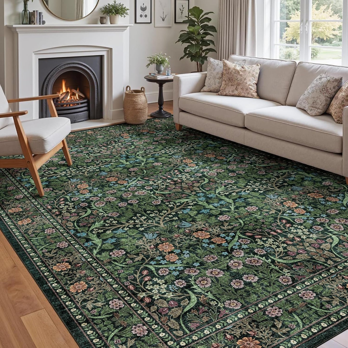 Large Dark Green Washable Rug for Living Room and Bedroom