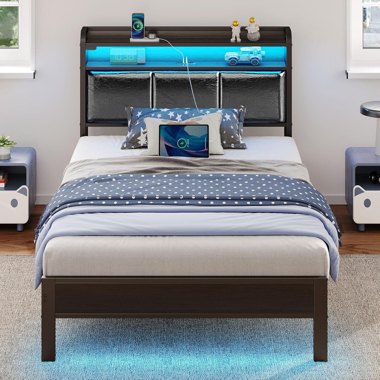 Rolanstar Twin Bed Frame with LED Lights and Charging Station