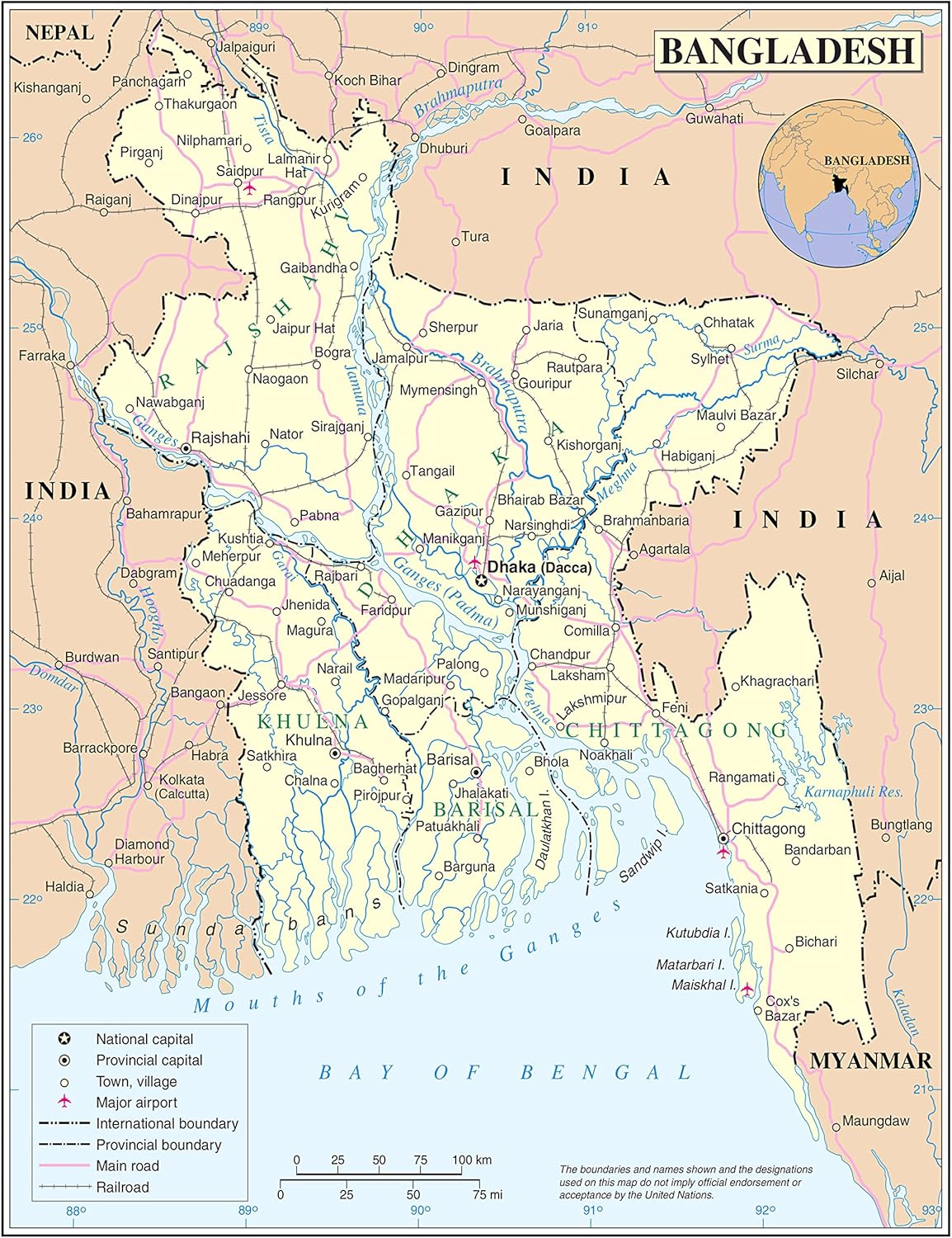 Large Detailed Bangladesh Map Poster - Roads, Railroads, Cities