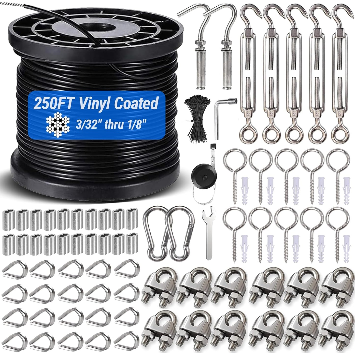250FT 1/8 Black Wire Rope Kit for Outdoor String Light Hanging