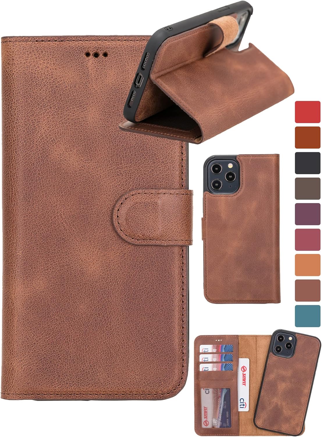 Genuine Leather Handmade Wallet Case for iPhone 12 Mini 5.4 in Brown