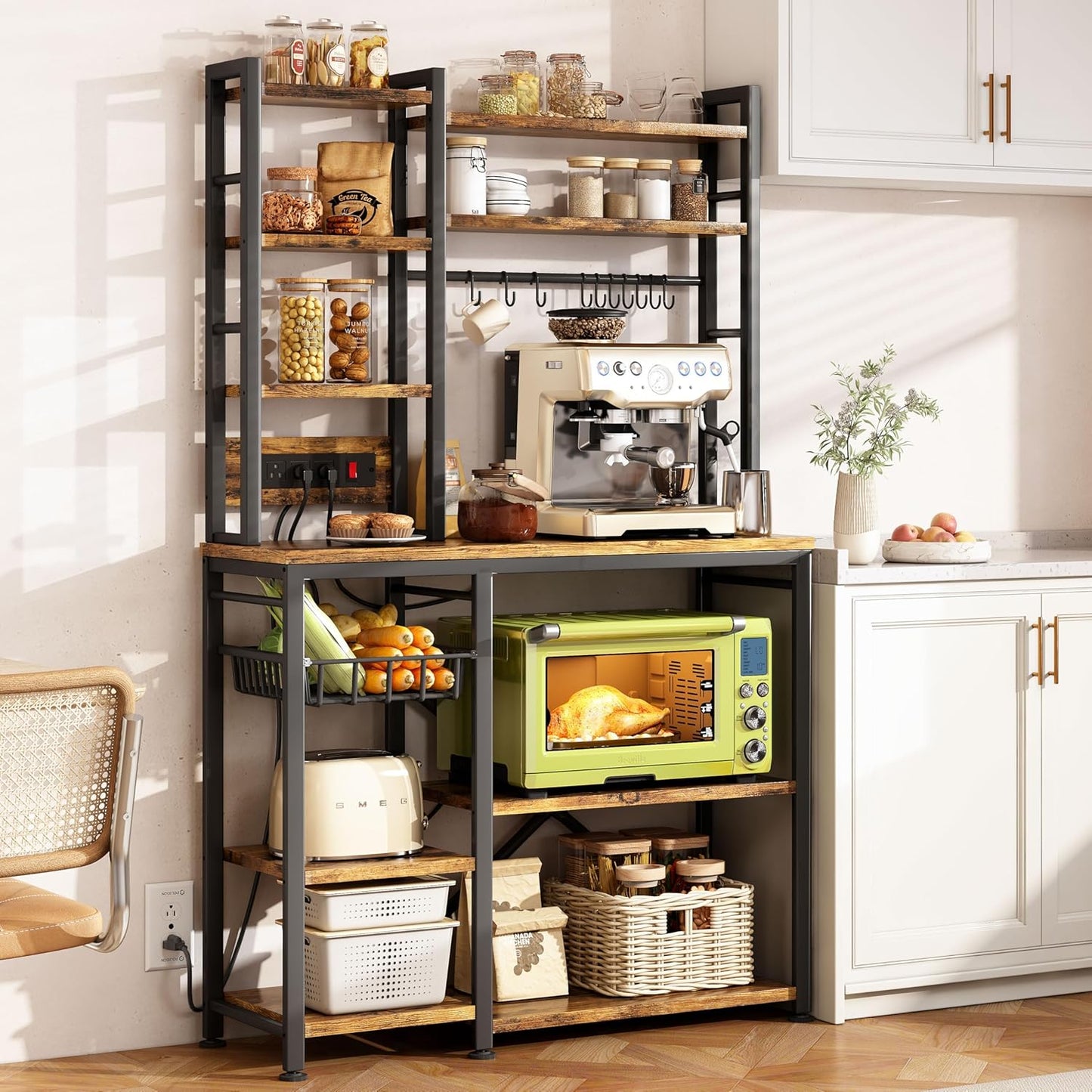 Kitchen Baker Rack - Multi-Functional Storage & Power Outlet, Rustic Brown, 72H