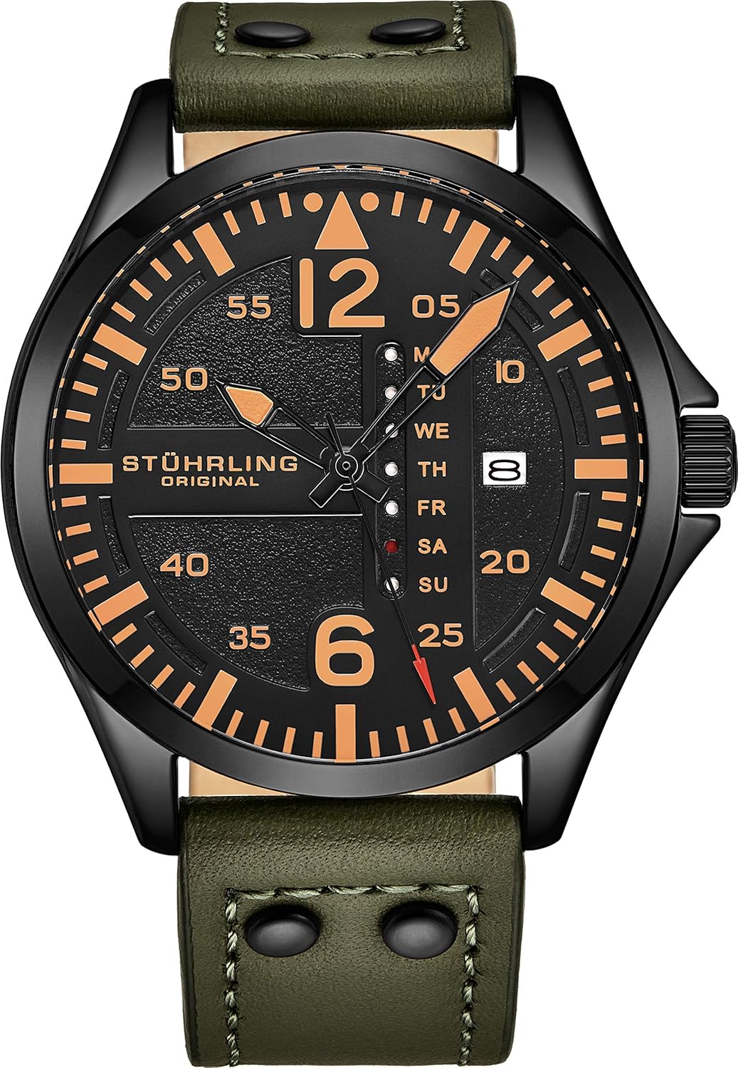 Stuhrling Leather Aviation Watch - Quick Day-Date, Riveted Band