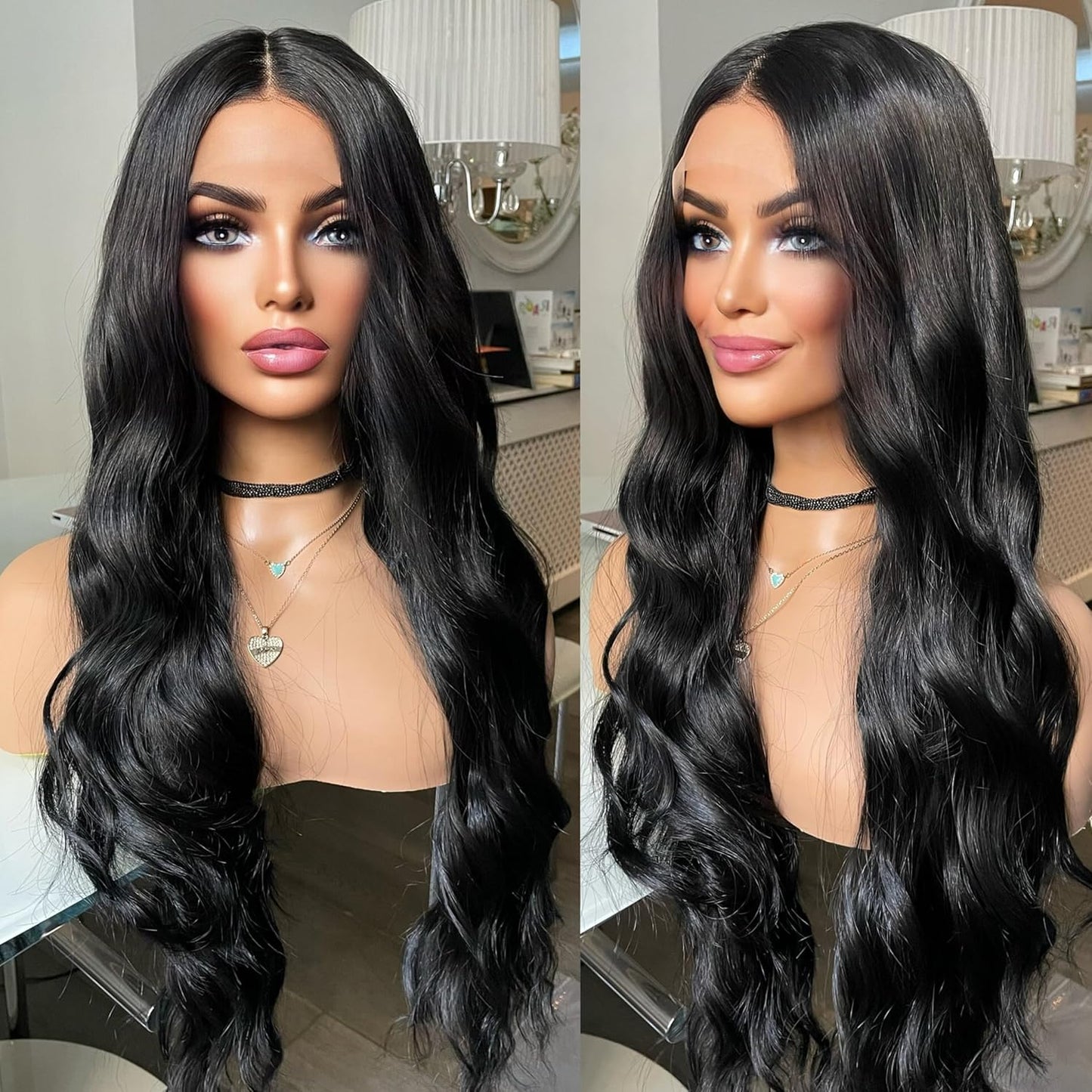 13 6 Black Long Water Wave Hair Synthetic Lace Front Wig