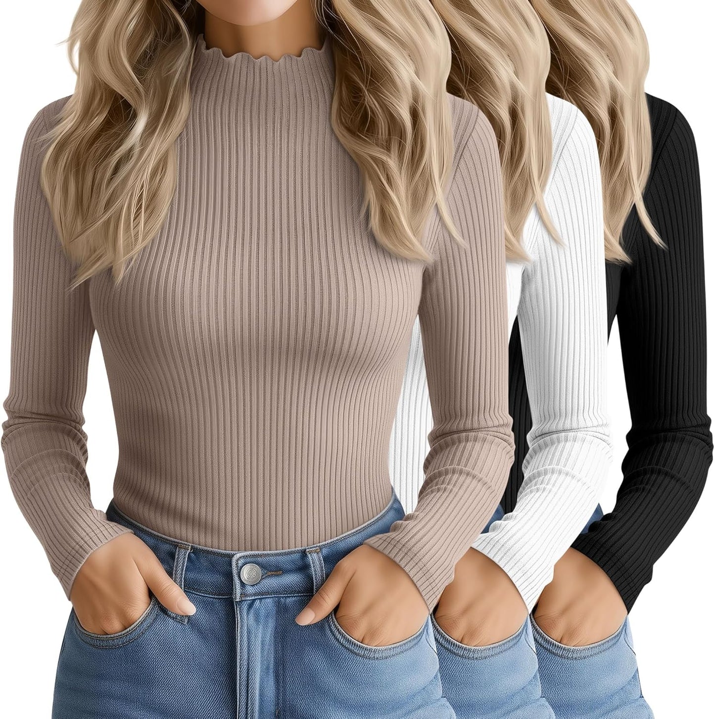 3 Pack Women's Cotton Long Sleeve Mock Turtleneck Tops for All