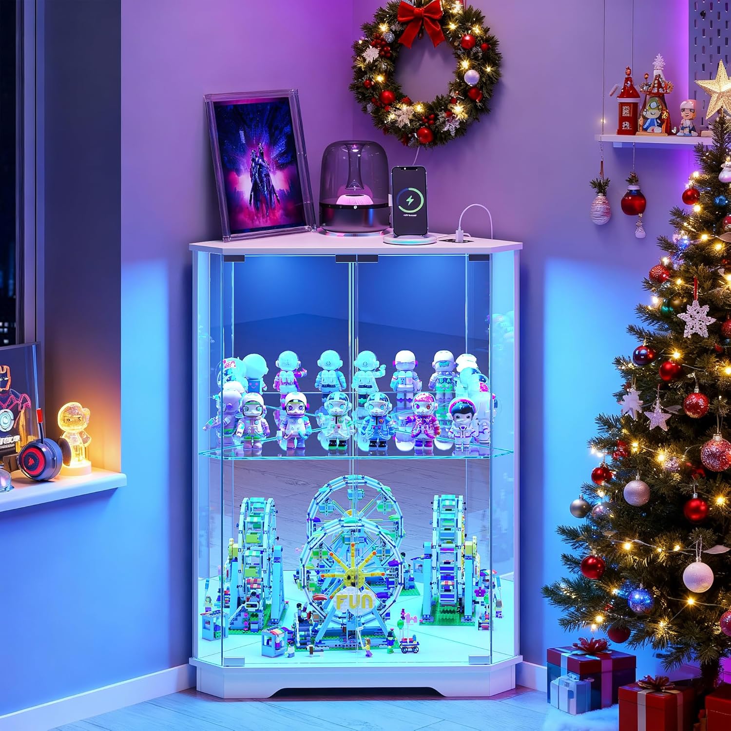 Small Corner Display Cabinet with LED Lights and Charging Station ...