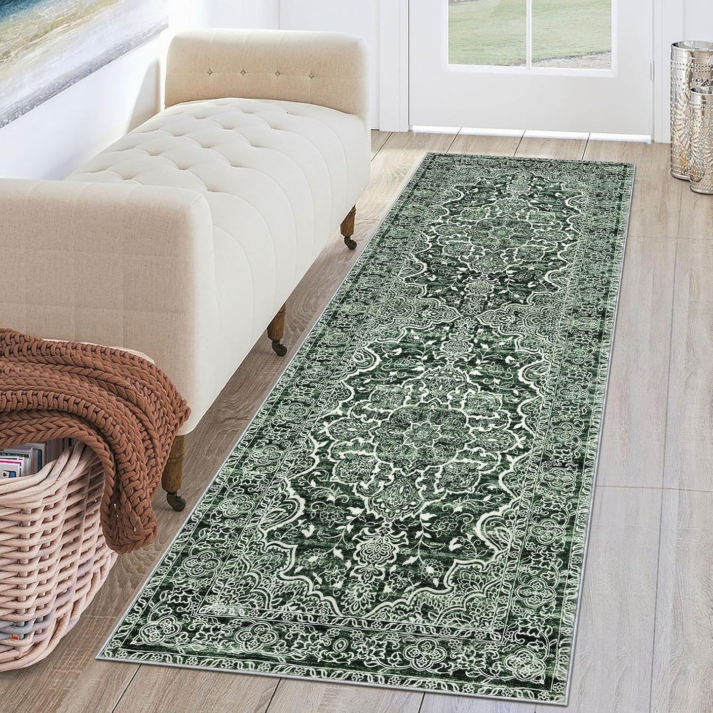 KUTA Runners for Hallways 2x6 Dark Green Vintage Floral Rug