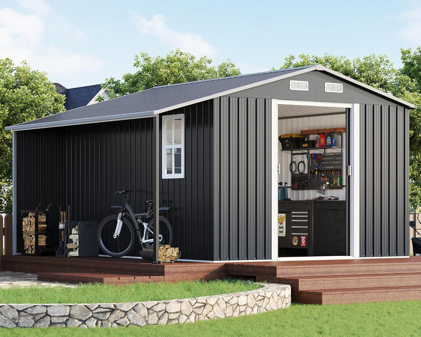 Galvanized Metal Storage Shed with Open Firewood Storage Area