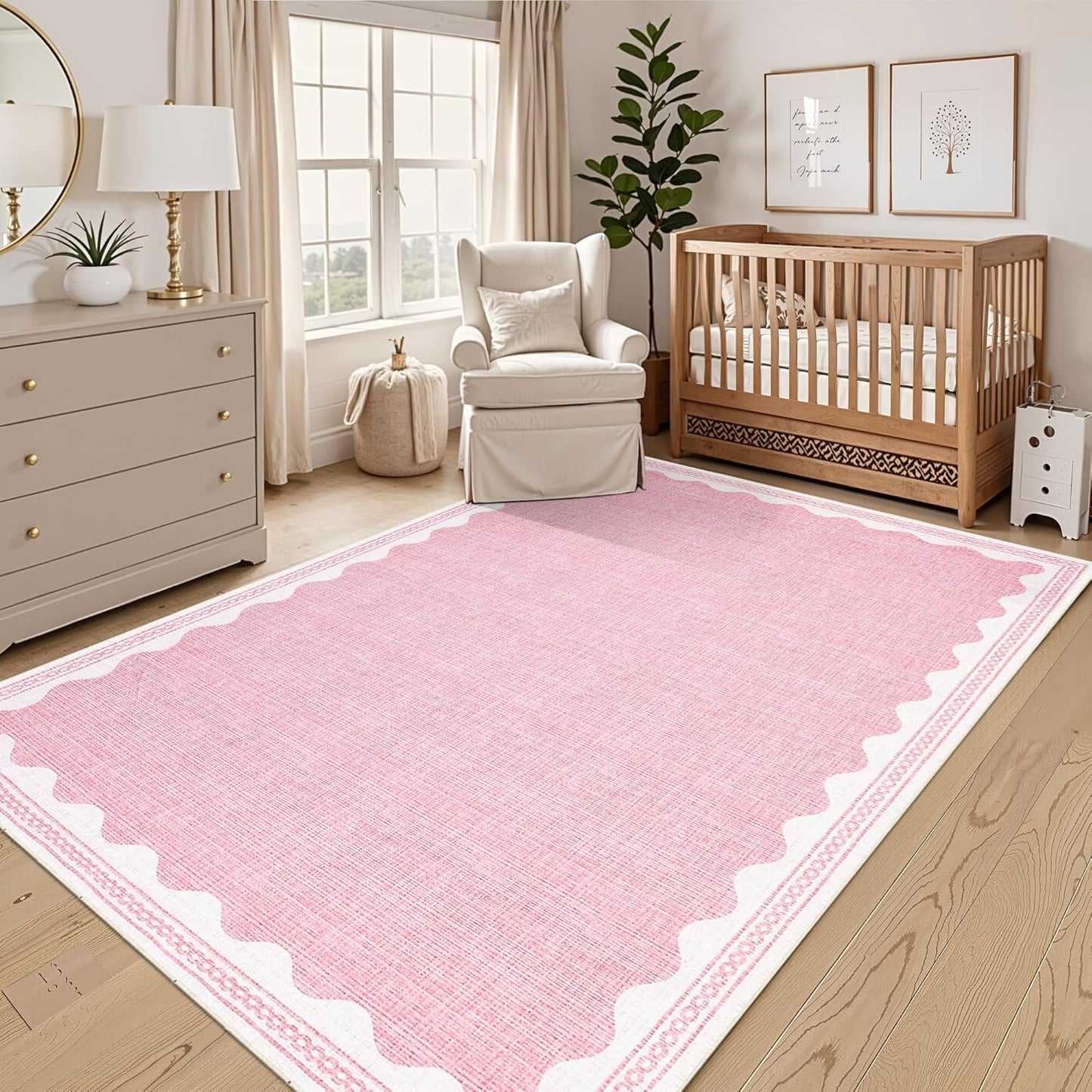 Scalloped Solid Pink 4x6 Rug Non-Slip Washable Carpet for Home