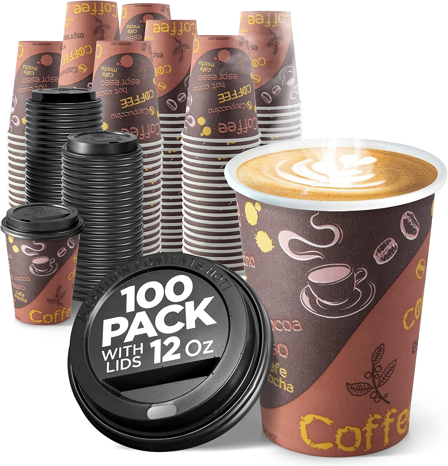 100 Pack 12 oz Eco-Friendly Coffee Cups - Hot & Cold Beverages