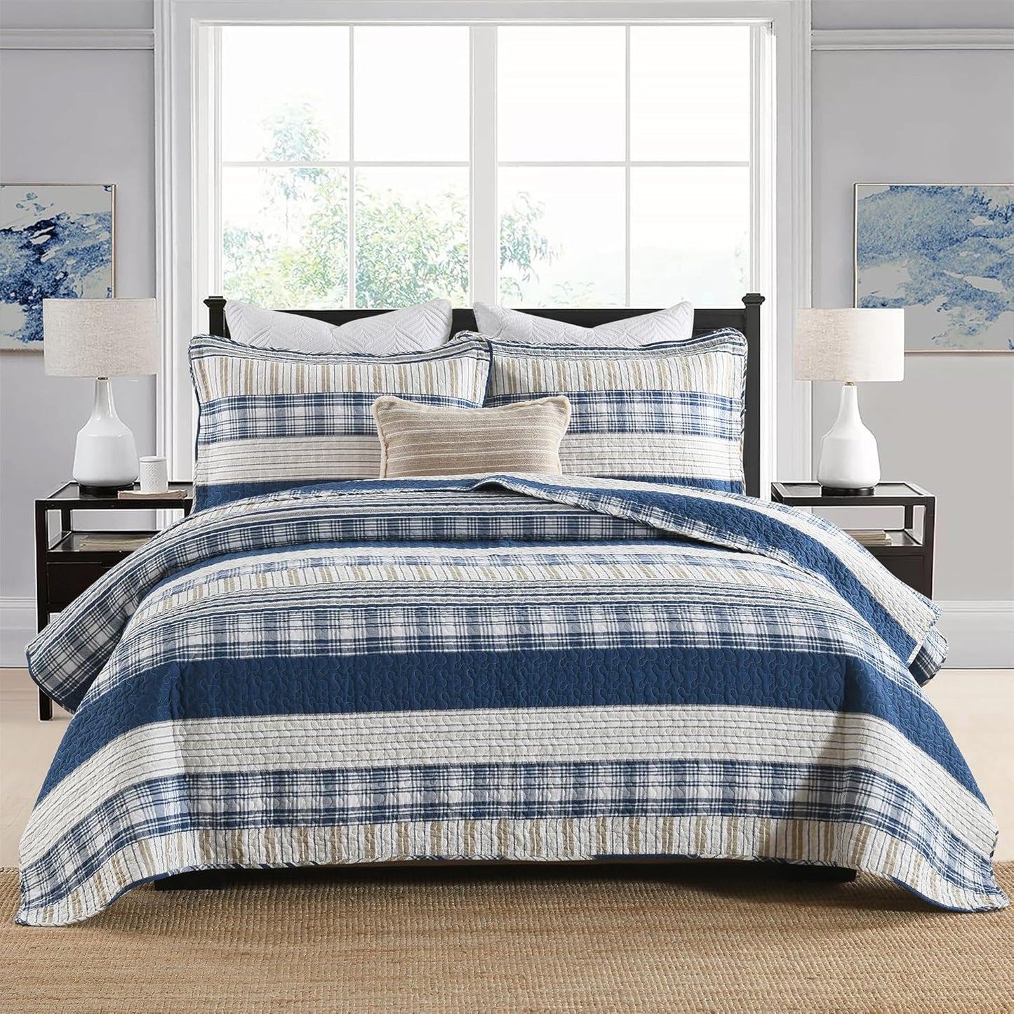 Homzard Queen Comforter Set - Blue White Tan Striped Quilt