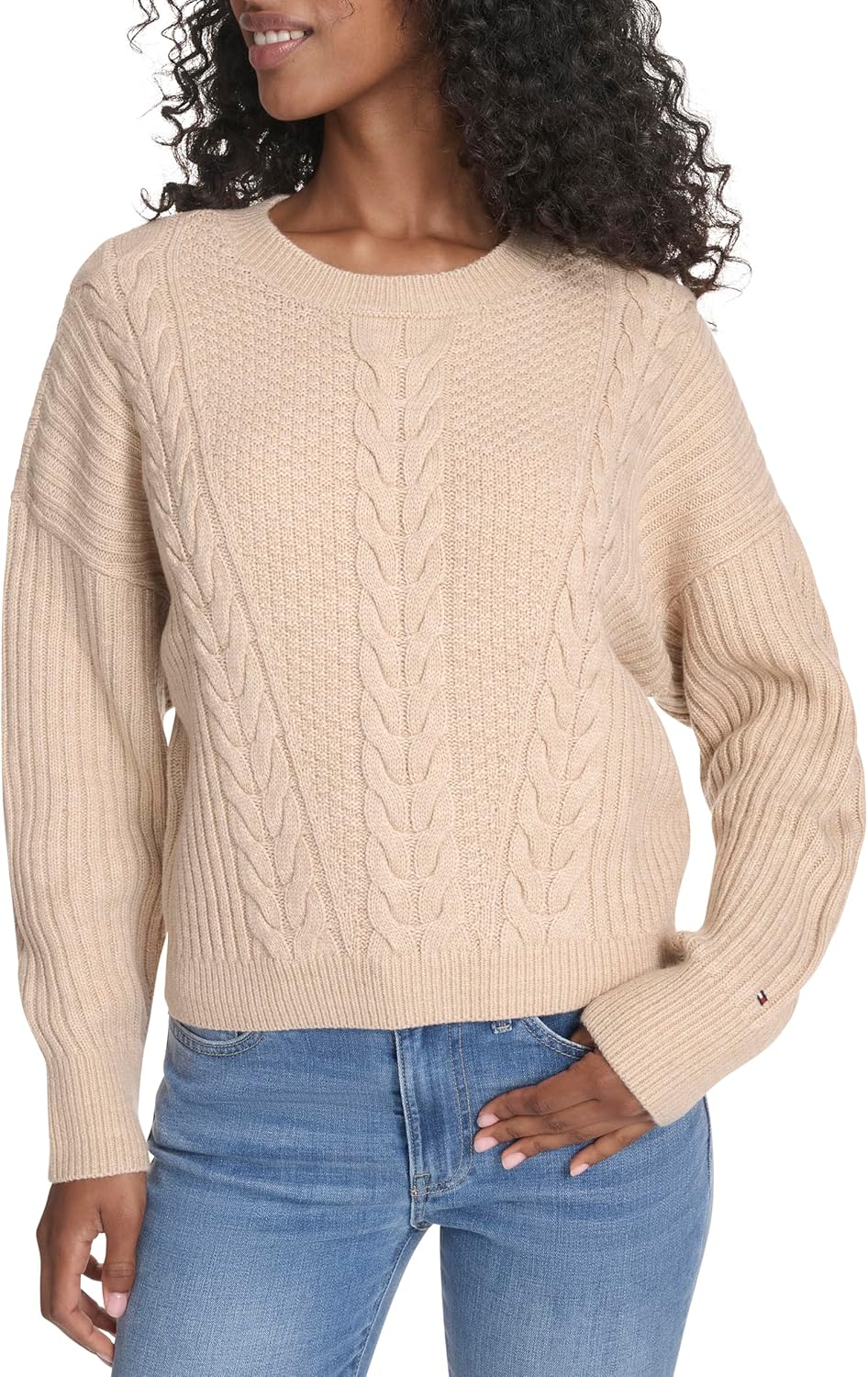 Tommy Hilfiger Womens Solid Cable Crewneck Pullover Sweater