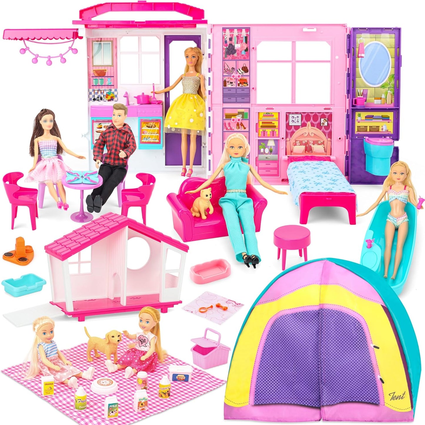 Portable Dollhouse: 60+ Pcs, 2 Dolls, Playsets - Style Shine