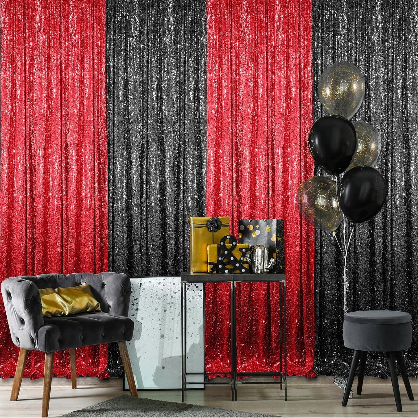 4 Panels Red and Black Sequin Backdrop Curtain for Events